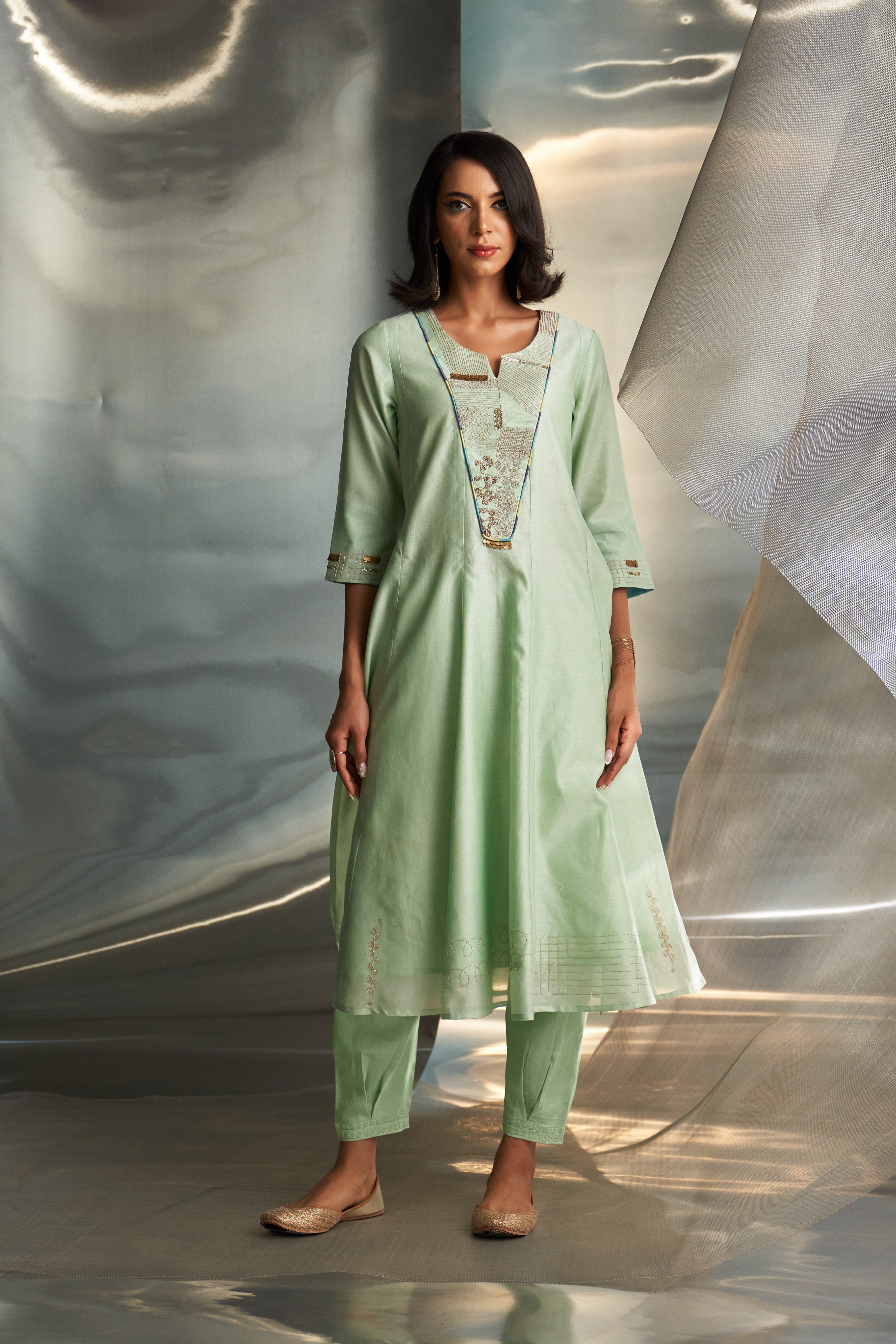 CY Charkhee Mint Green Chanderi Flared Kurta Set Front 1