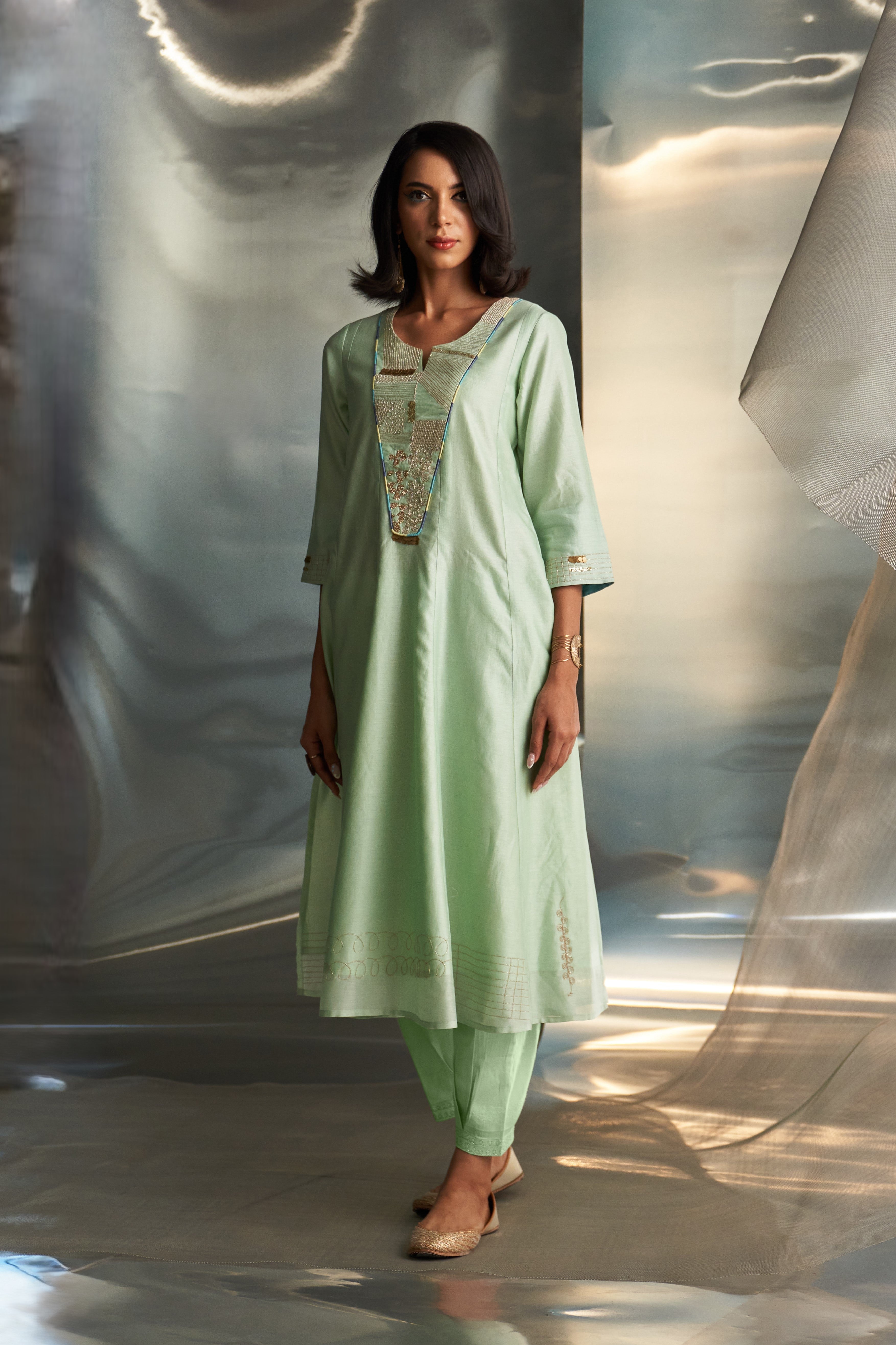 CY Charkhee Mint Green Chanderi Flared Kurta Set Side 1