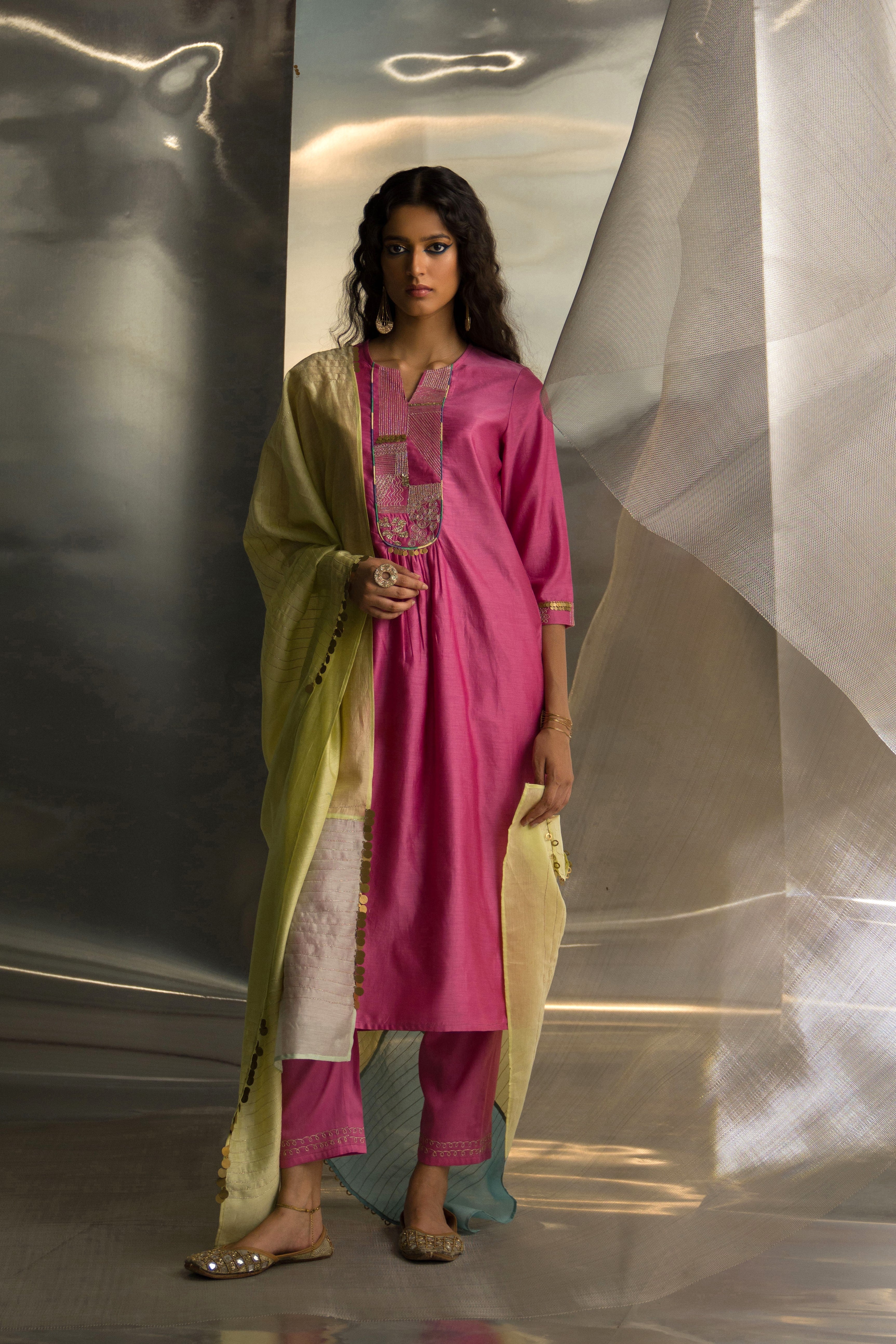 CY Charkhee Bloom Pink Gathered Kurta Set Front 1