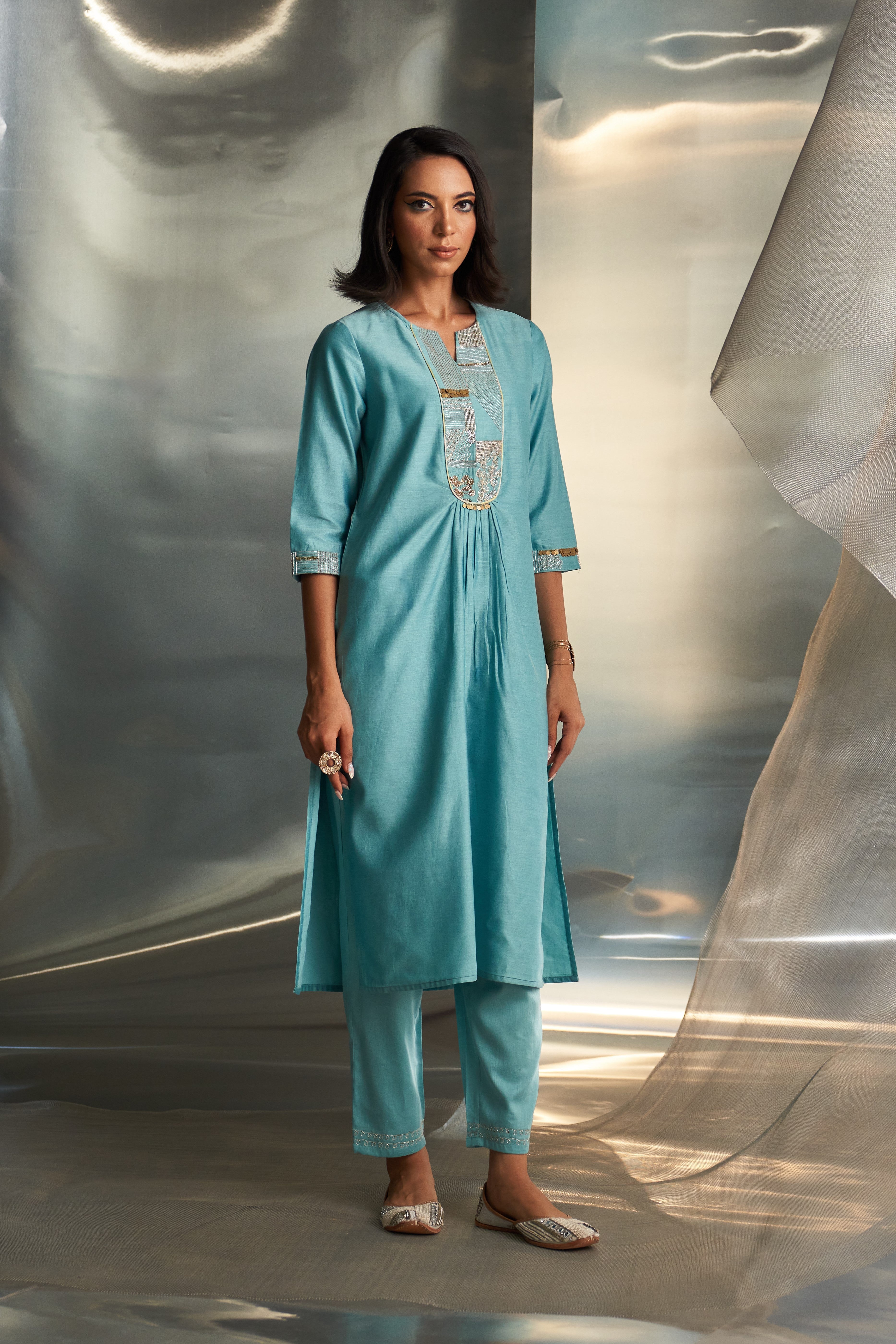 CY Charkhee Powder Blue Gathered Kurta Set Side 1