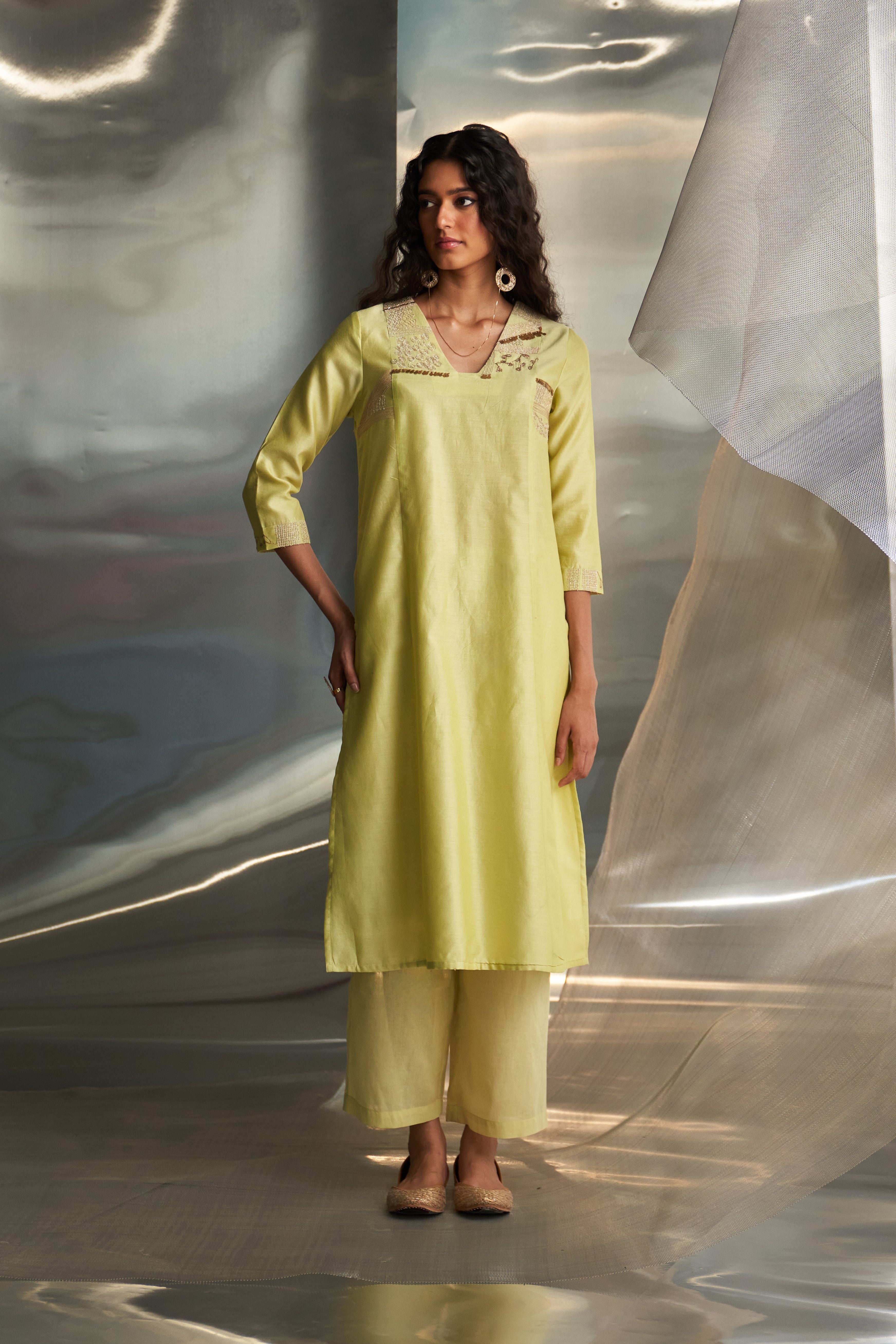 CY Charkhee Butter Yellow Straight Kurta Set Front 2