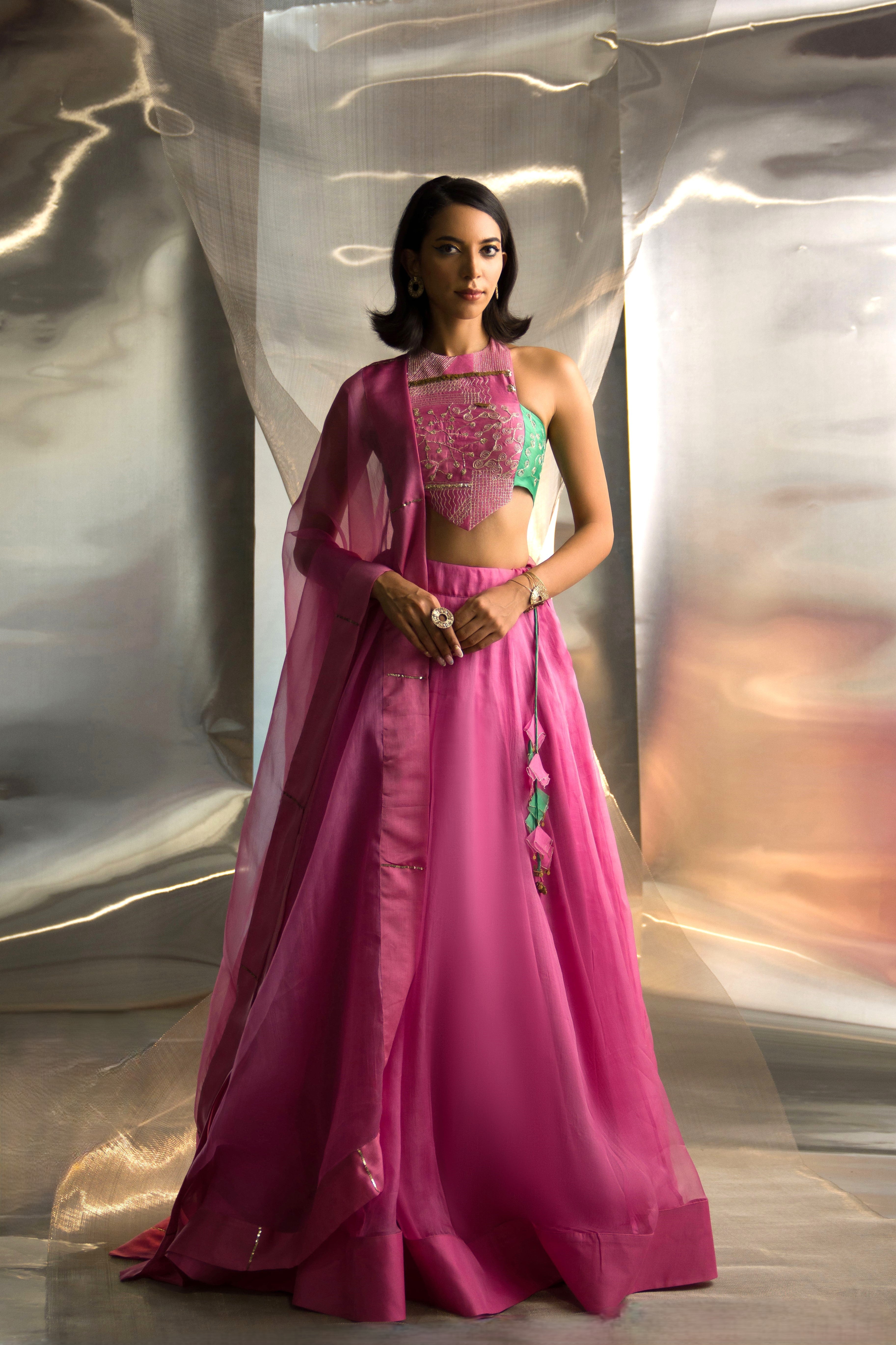 CY Charkhee Bloom Pink Organza Lehenga Set Front 1