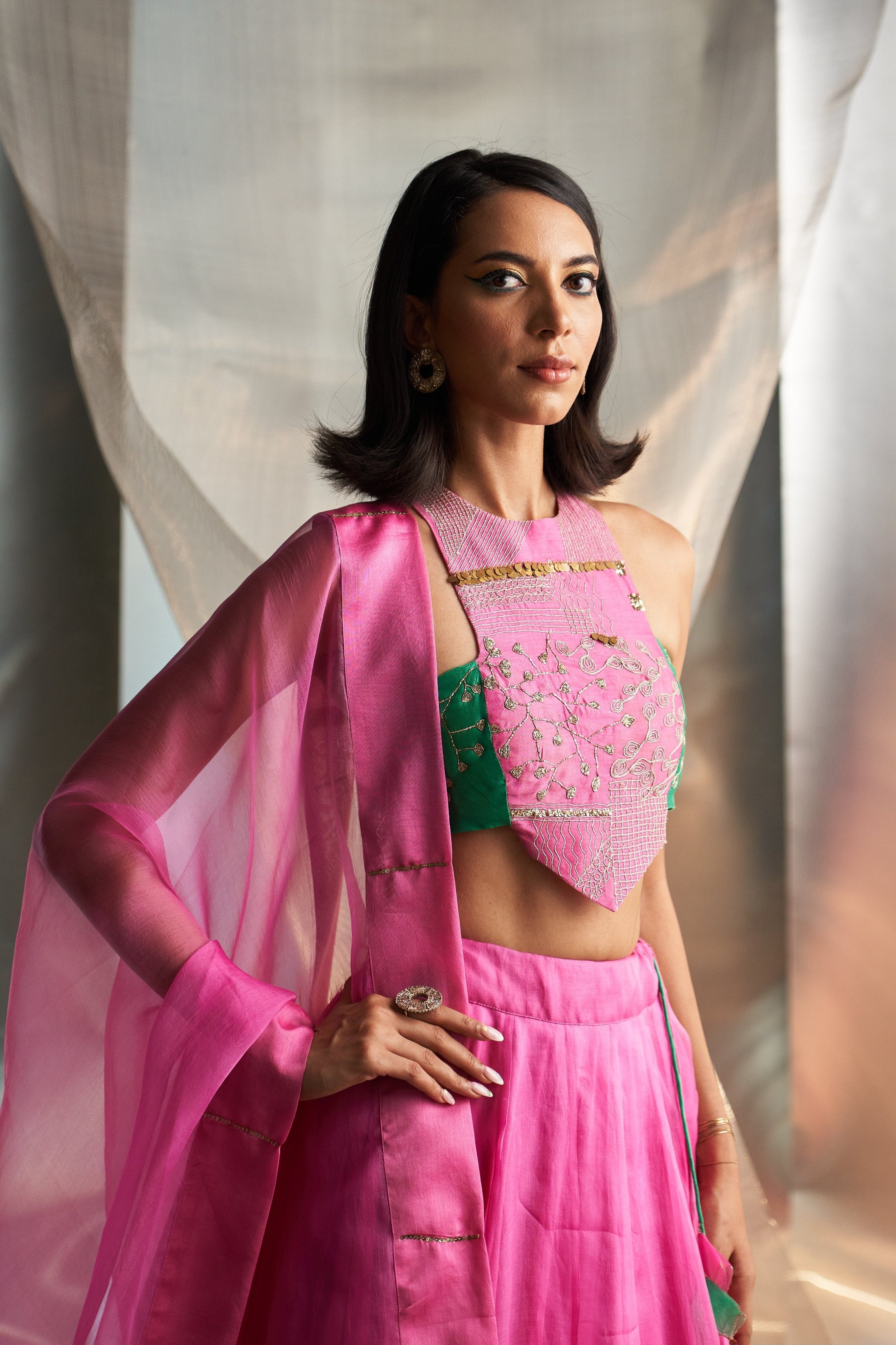 CY Charkhee Bloom Pink Organza Lehenga Set Closeup 1