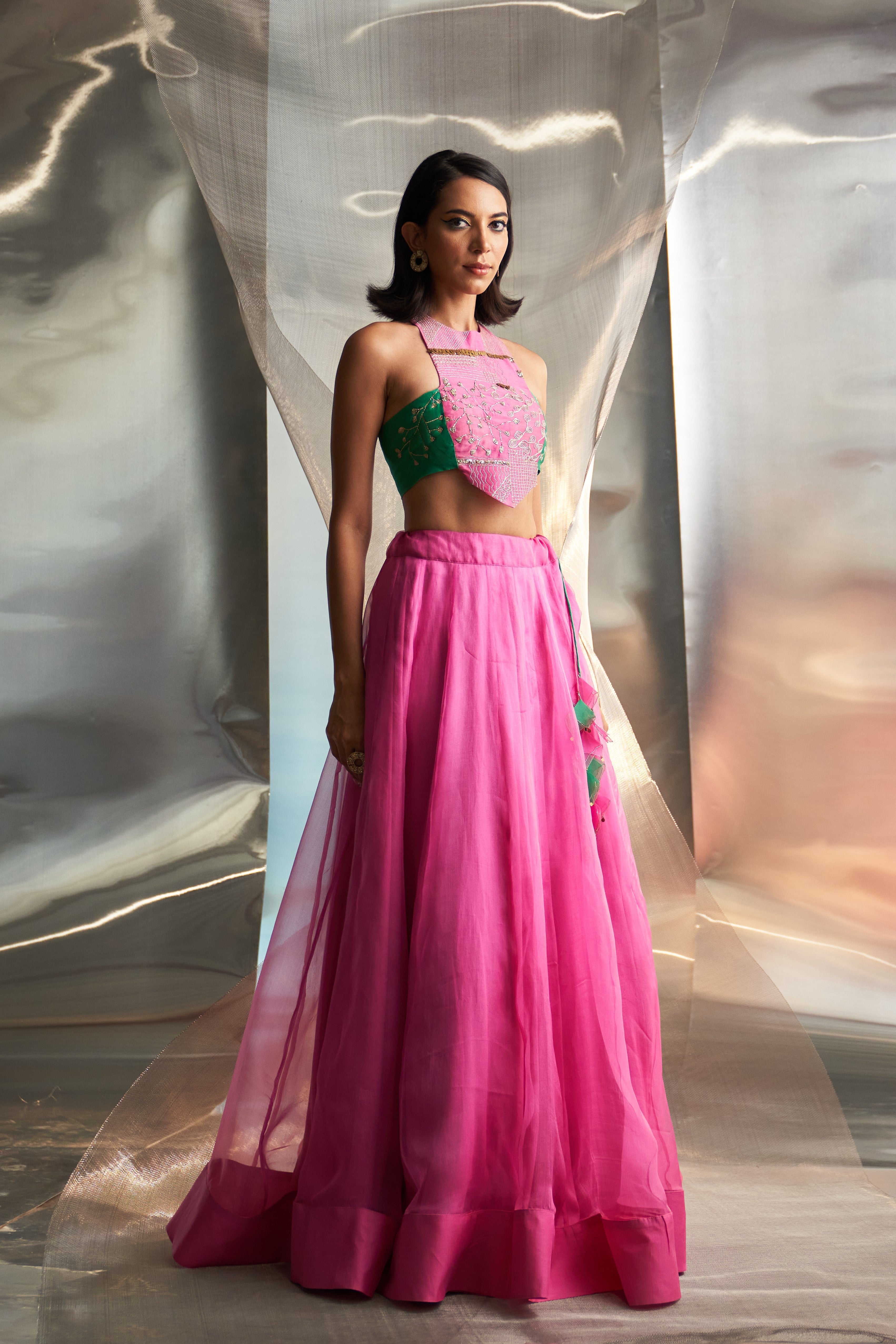 CY Charkhee Bloom Pink Organza Lehenga Set Side 1