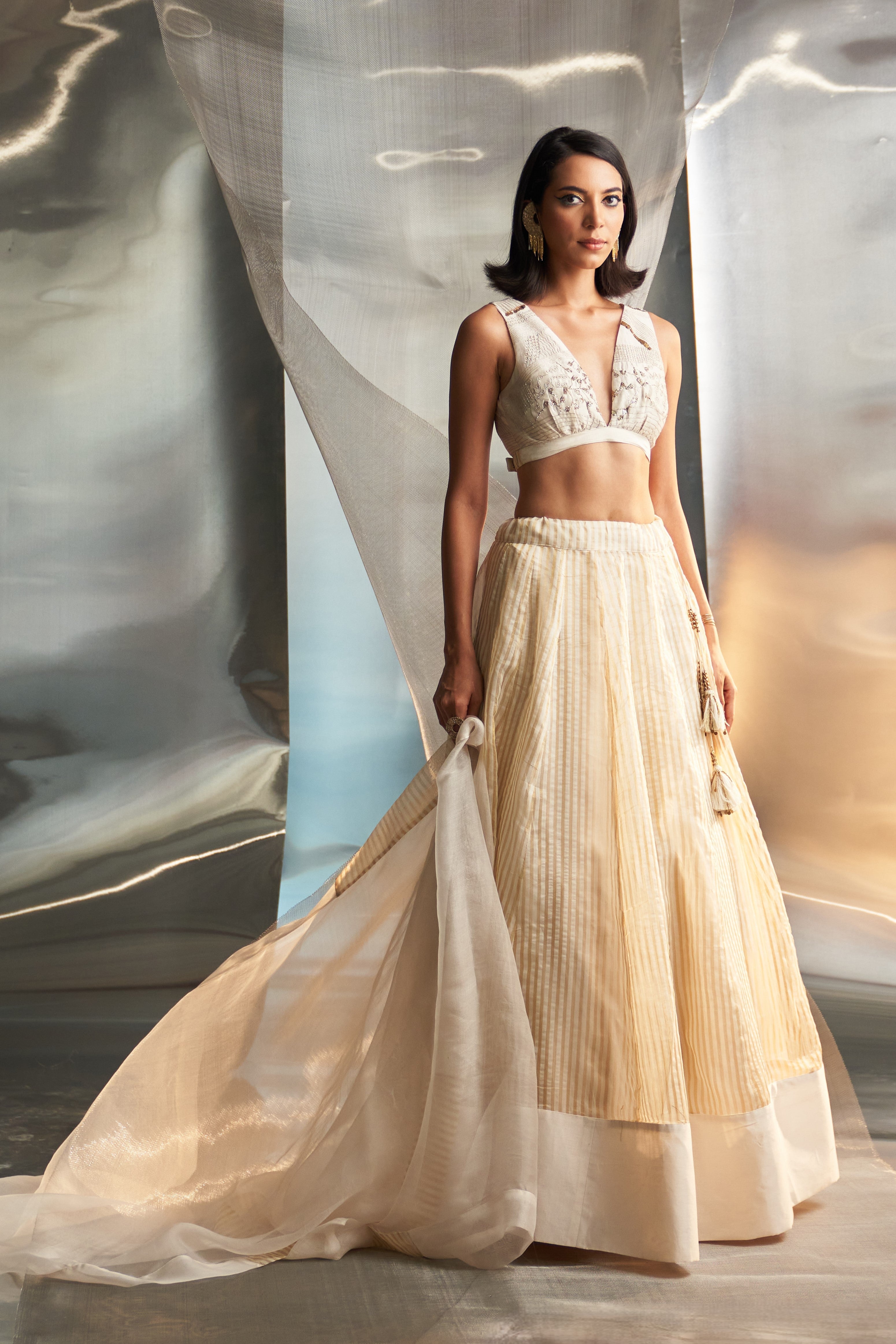 CY Charkhee Off White Tissue Stripe Lehenga Set Front 1