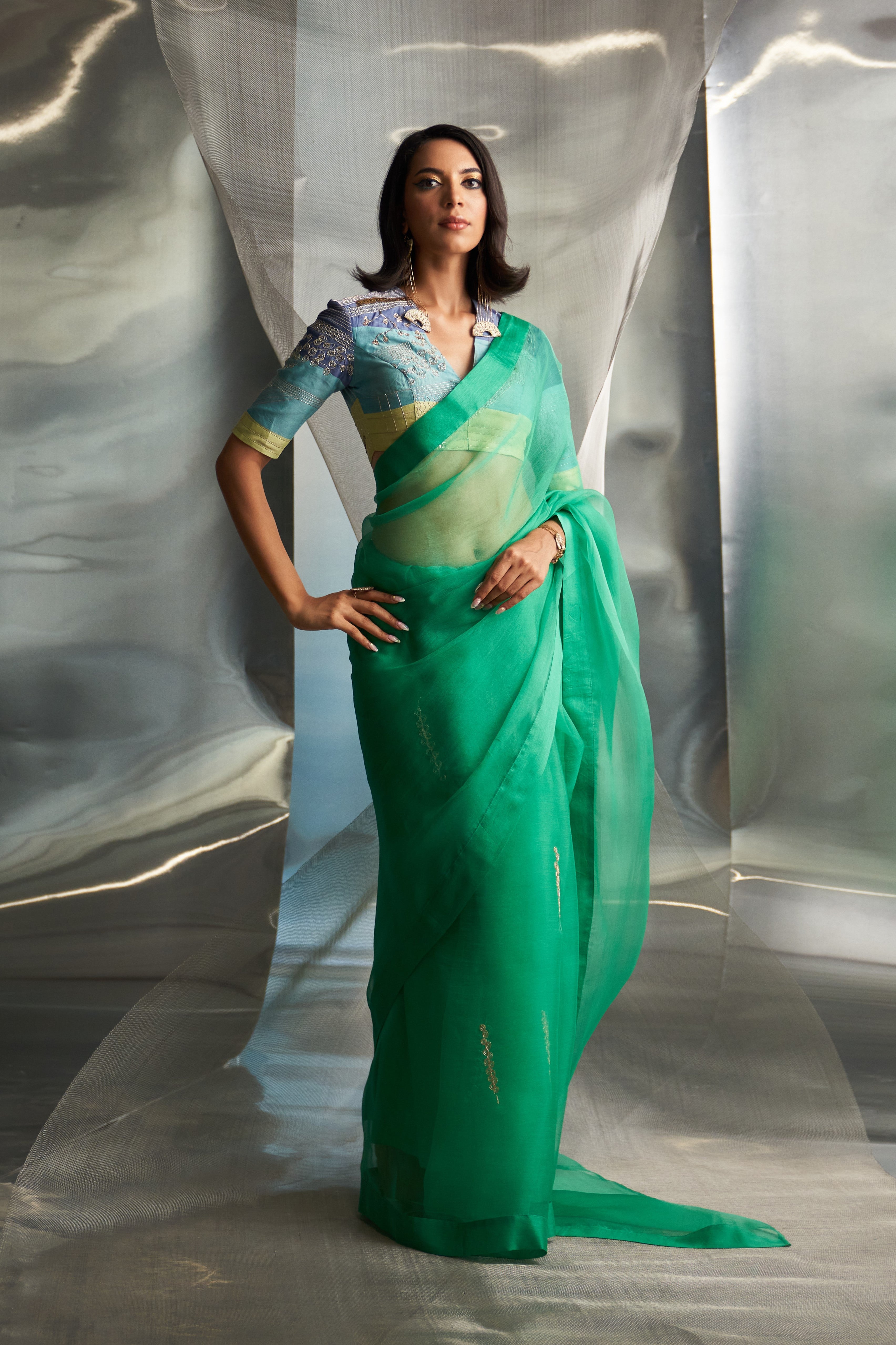 CY Charkhee Lush Green Saree With Multicolor Sleeve Blouse Front 1