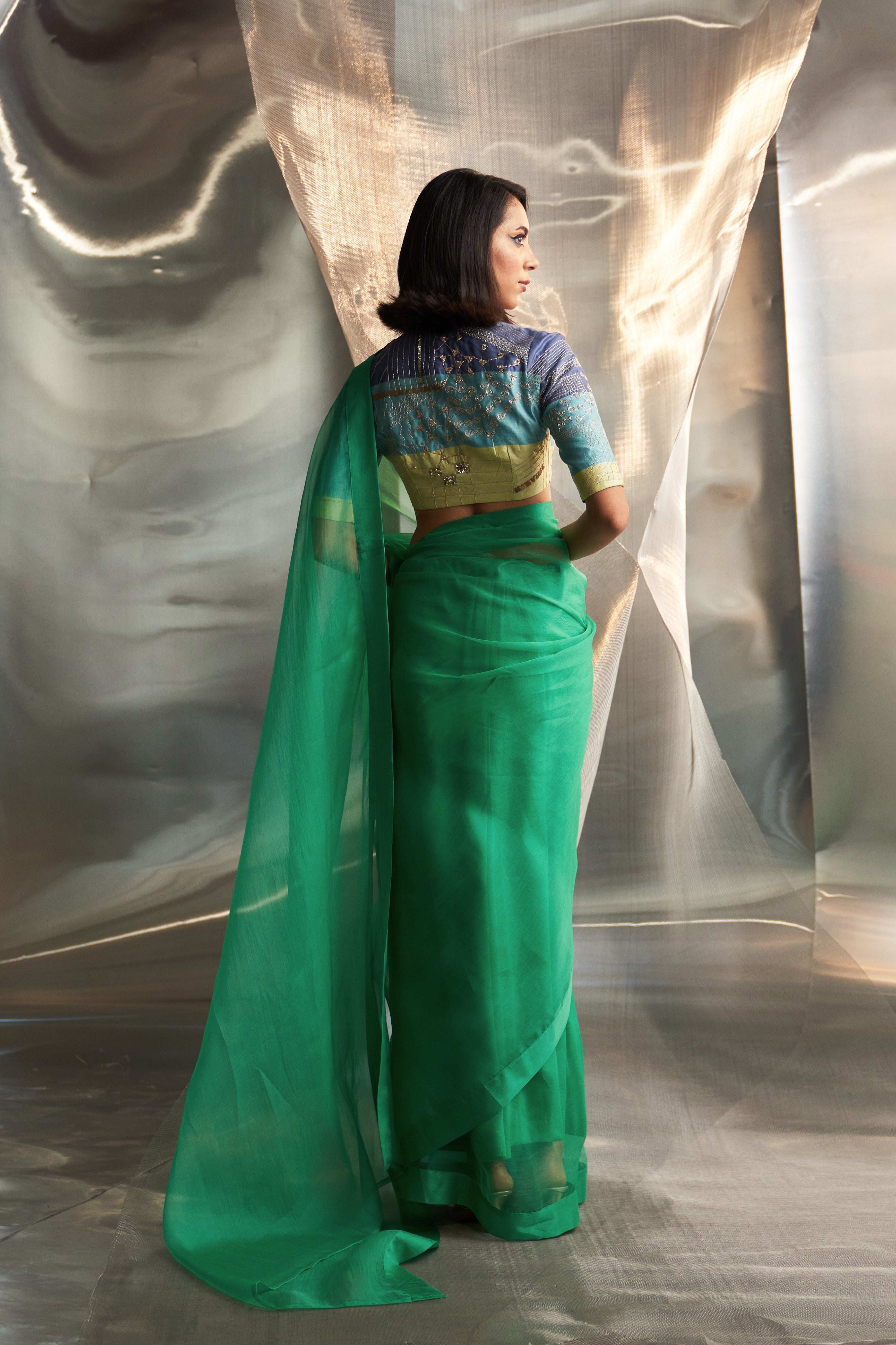 CY Charkhee Lush Green Saree With Multicolor Sleeve Blouse Back 1