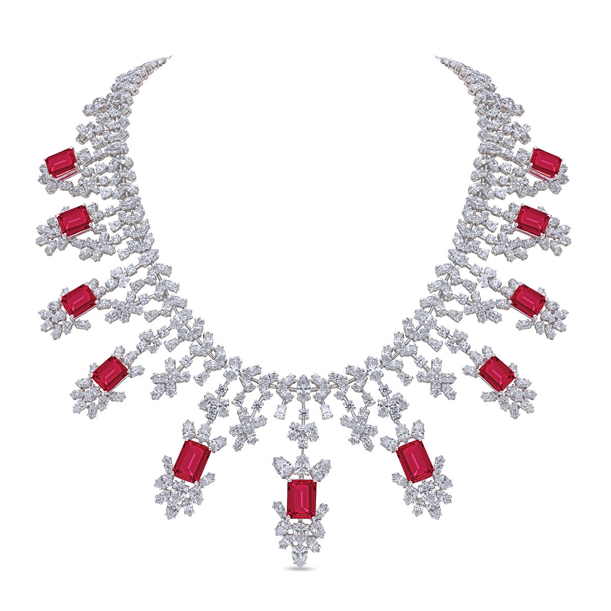 Synthetic Octagon Sahped Ruby  And White Swarovski Zirconia Necklace