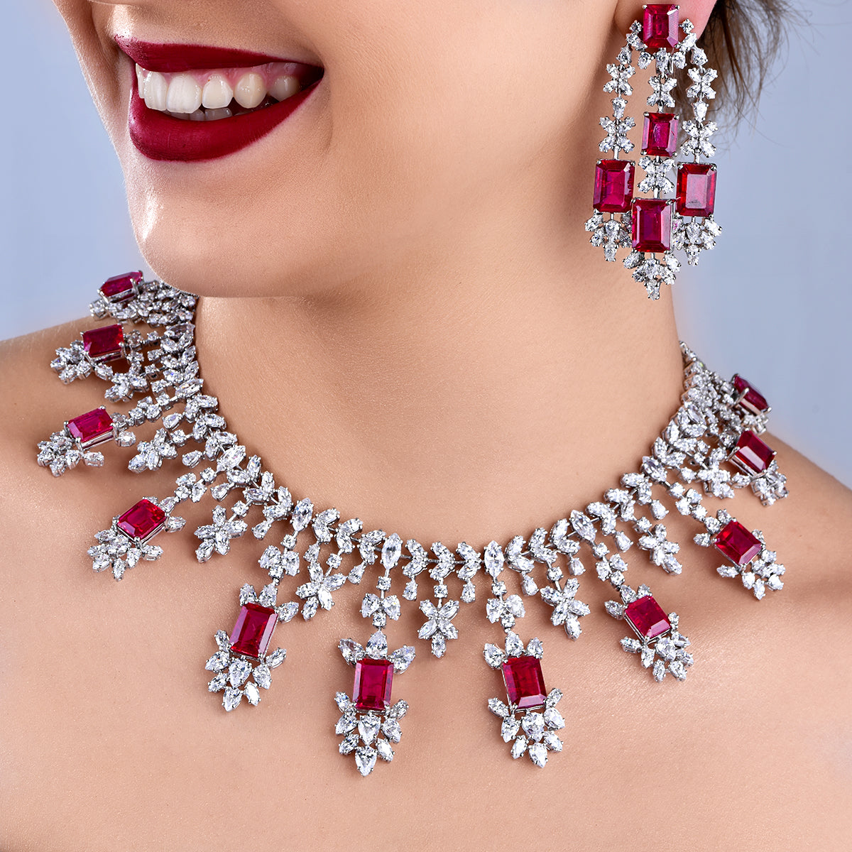 Synthetic Octagon Sahped Ruby  And White Swarovski Zirconia Necklace