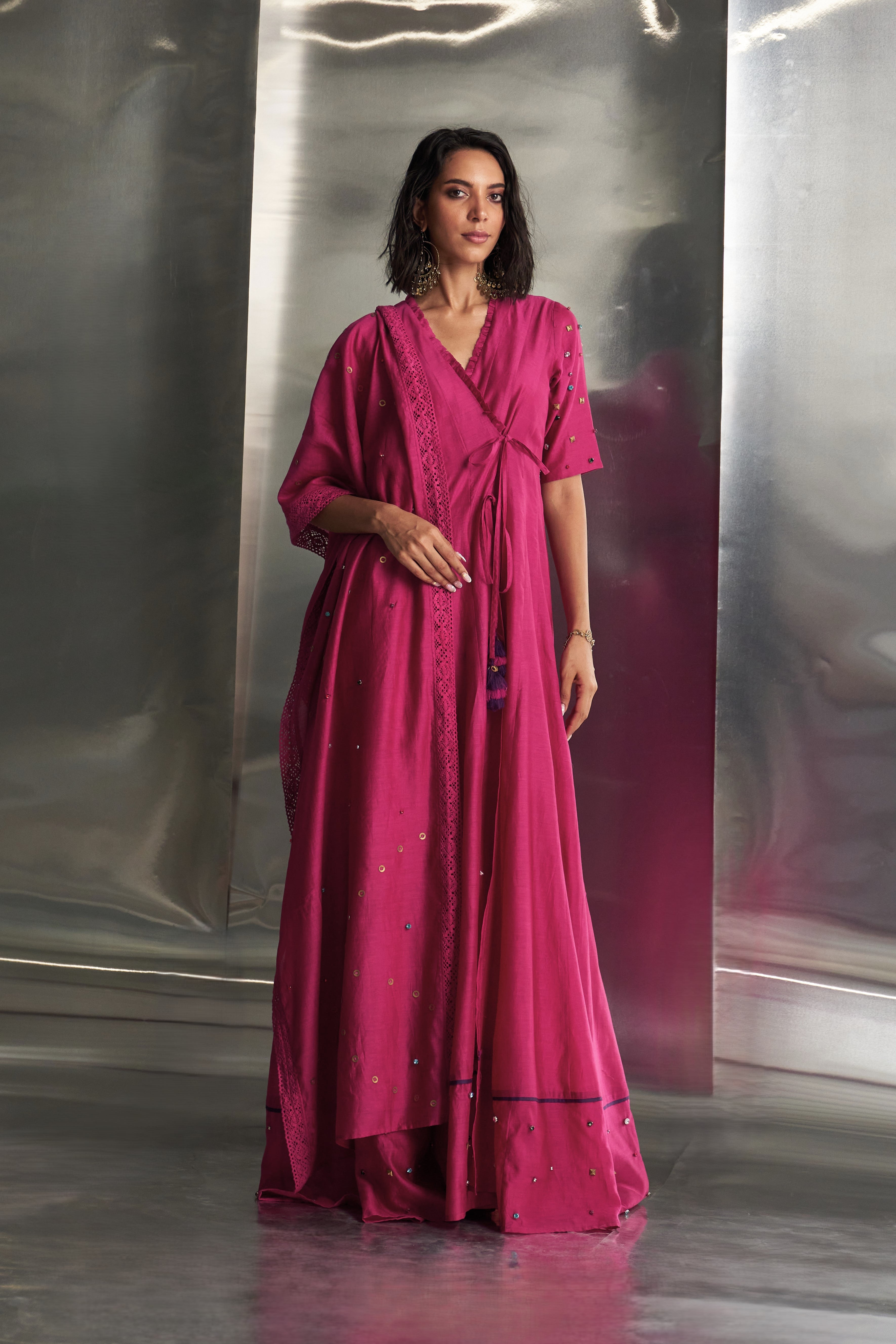 CY Charkhee Pop Pink Tie-Up Anarkali With Jogger Front 1