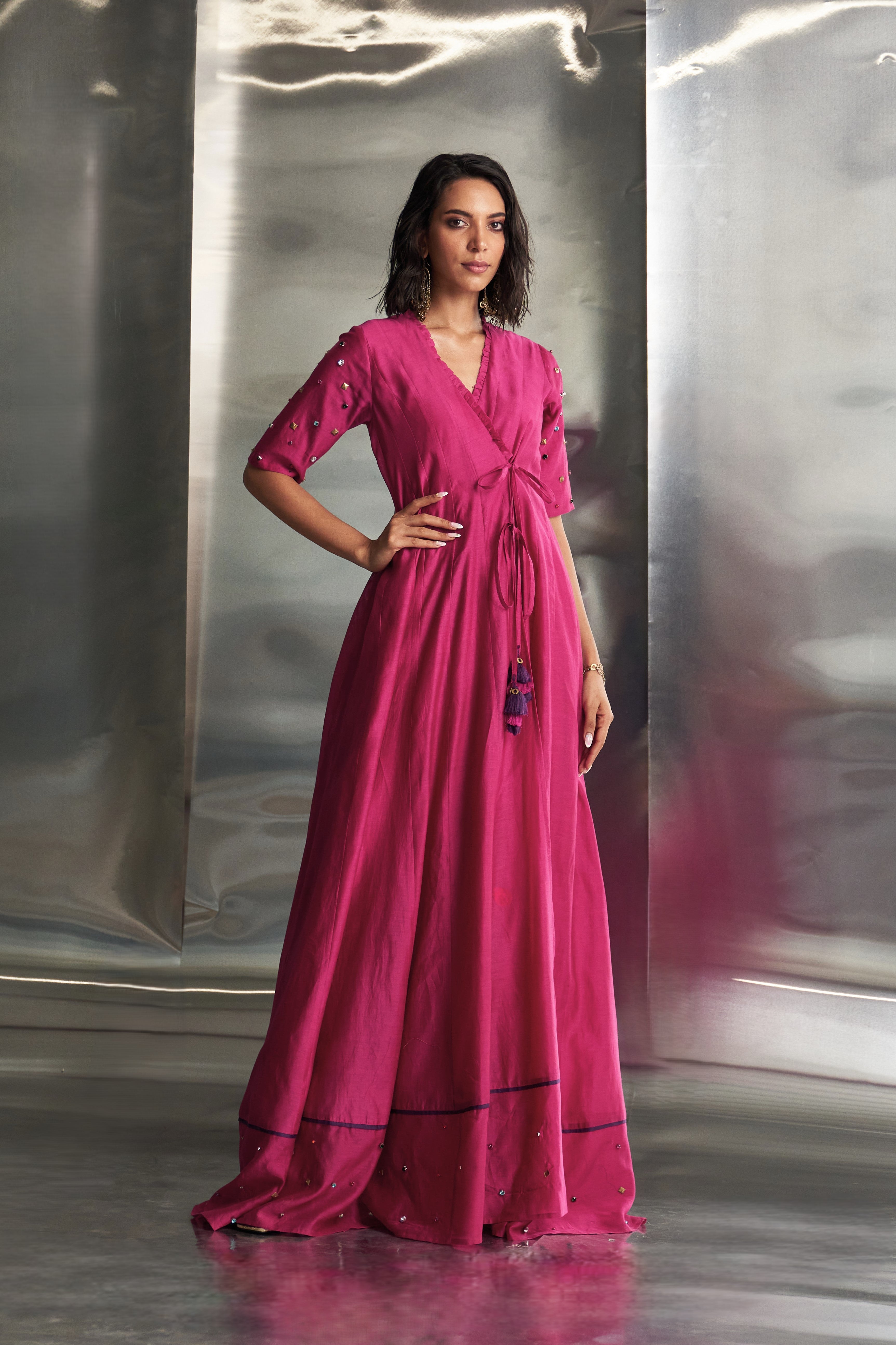 CY Charkhee Pop Pink Tie-Up Anarkali With Jogger Front 3