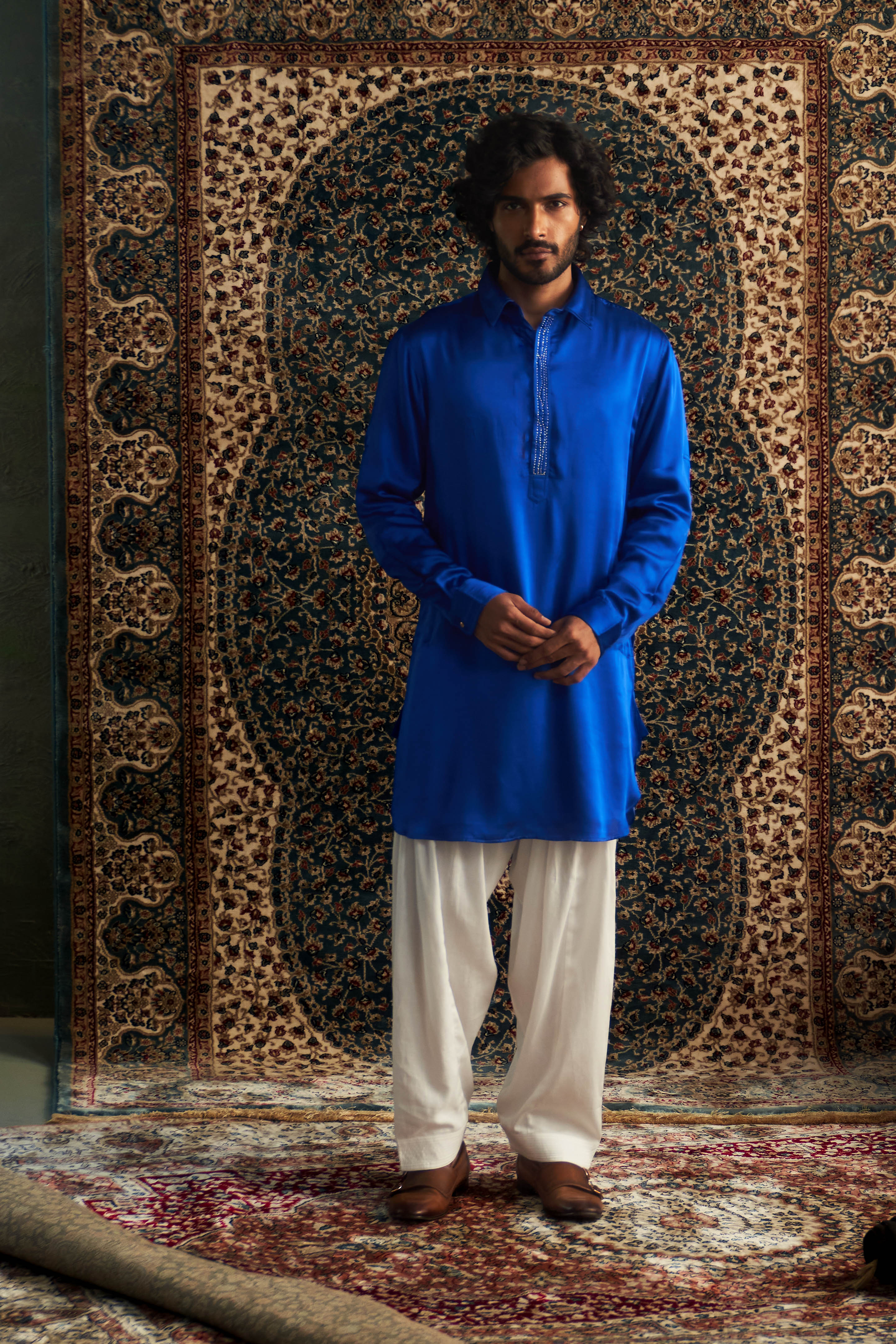 CY Charkhee Blue Embroidered Pathani Kurta Set Front 2