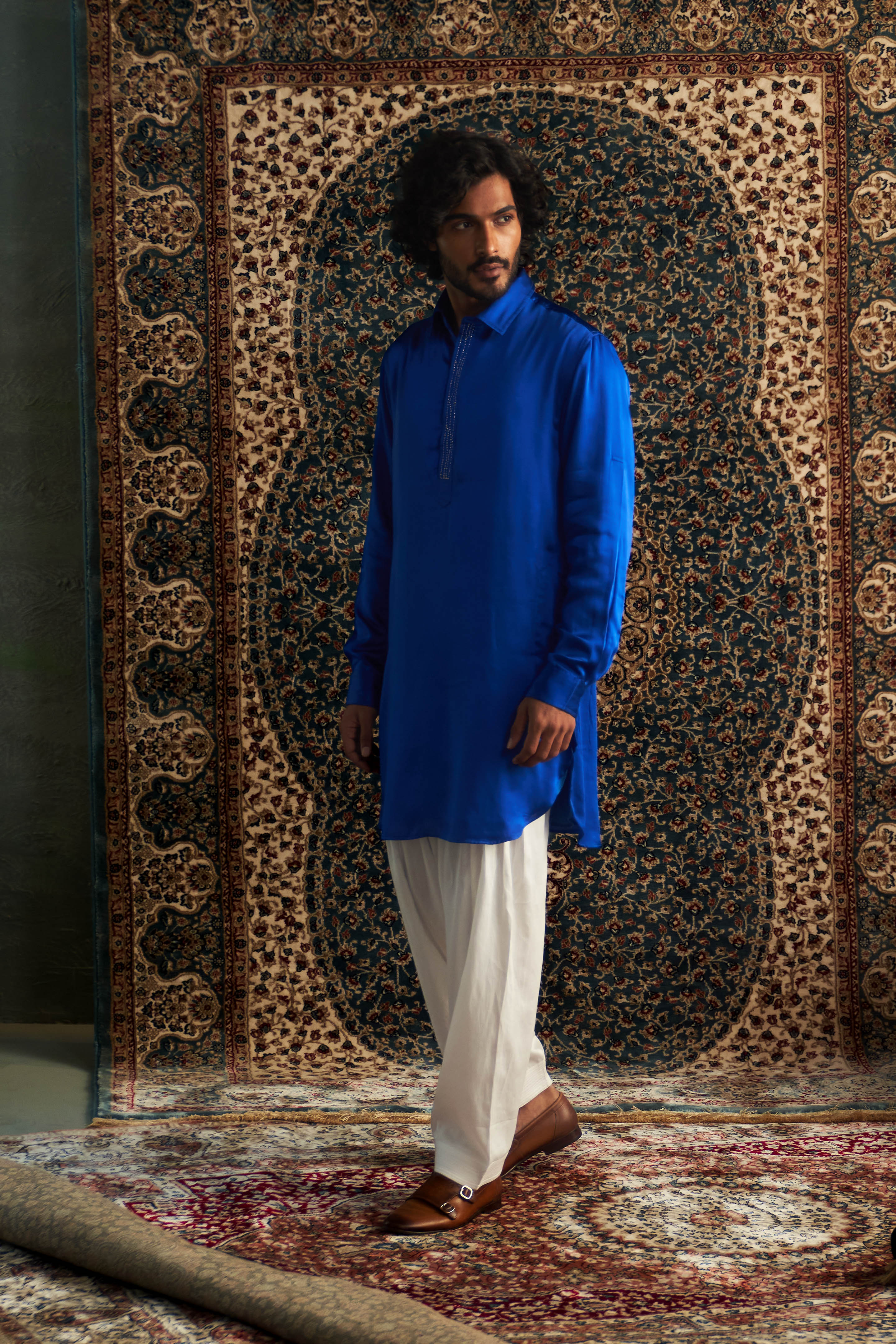 CY Charkhee Blue Embroidered Pathani Kurta Set Side 1