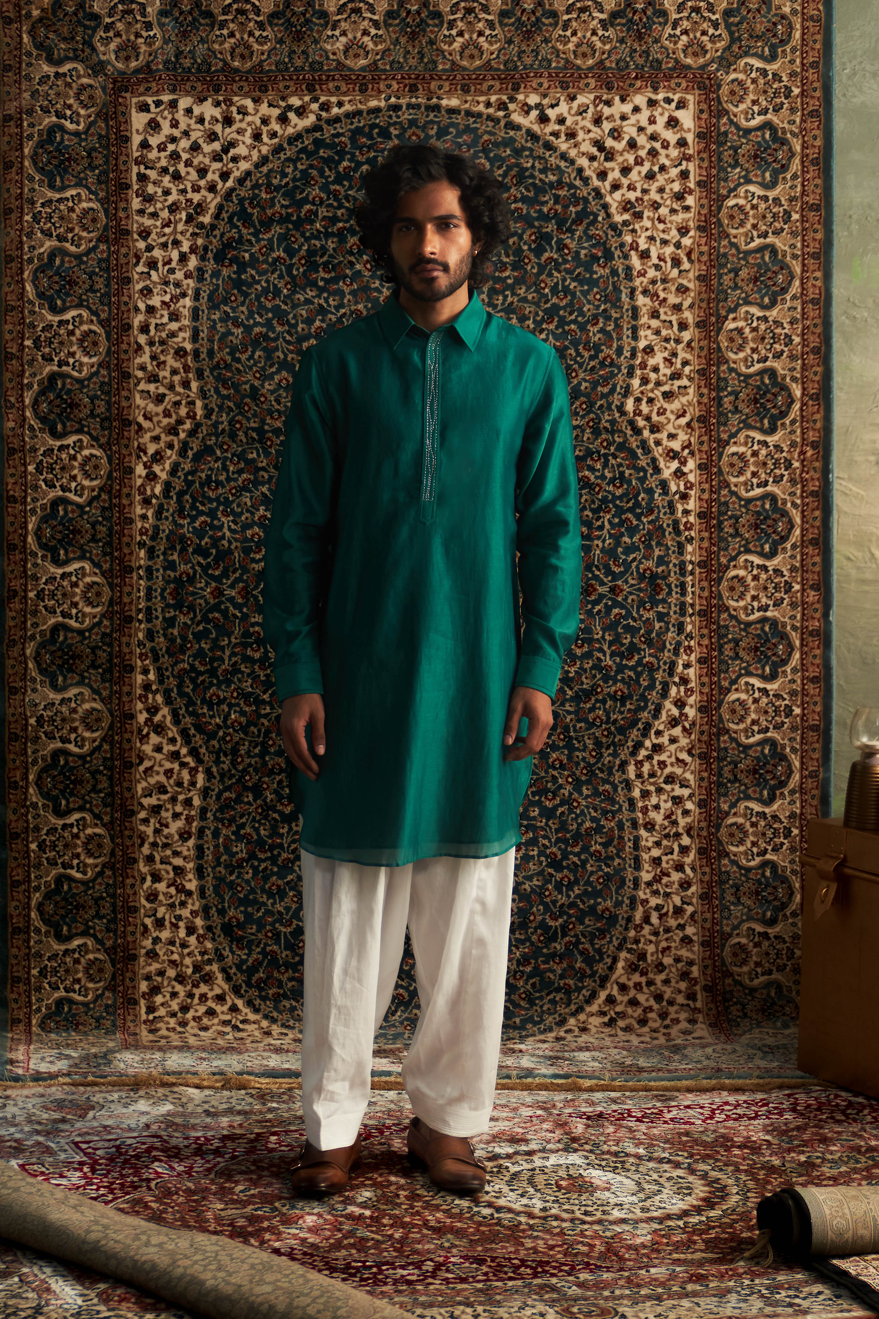 CY Charkhee Emerald Green Embroidered Pathani Kurta Set Front 1