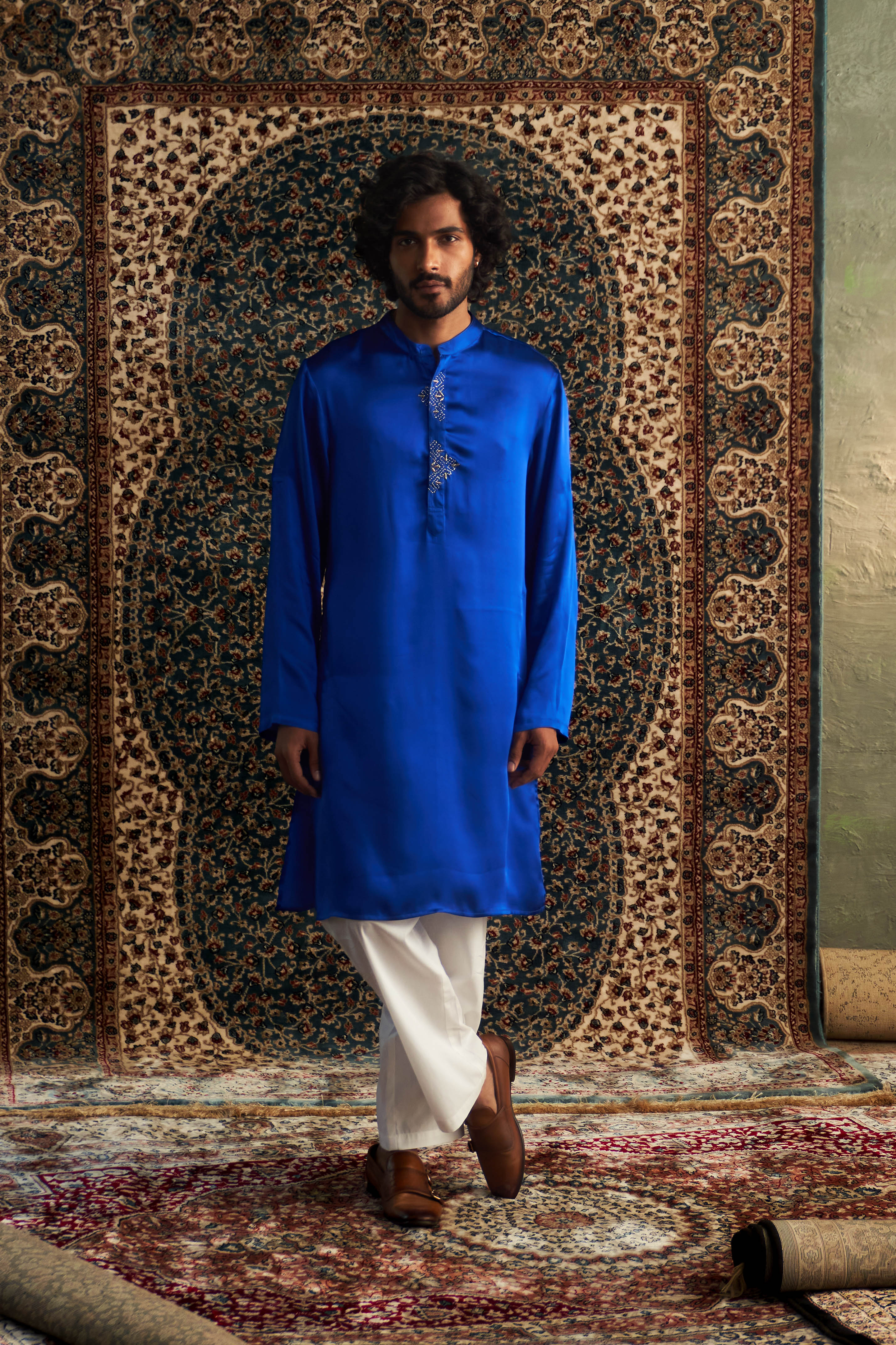 CY Charkhee Blue Embroidered Placket Kurta Set Front 1