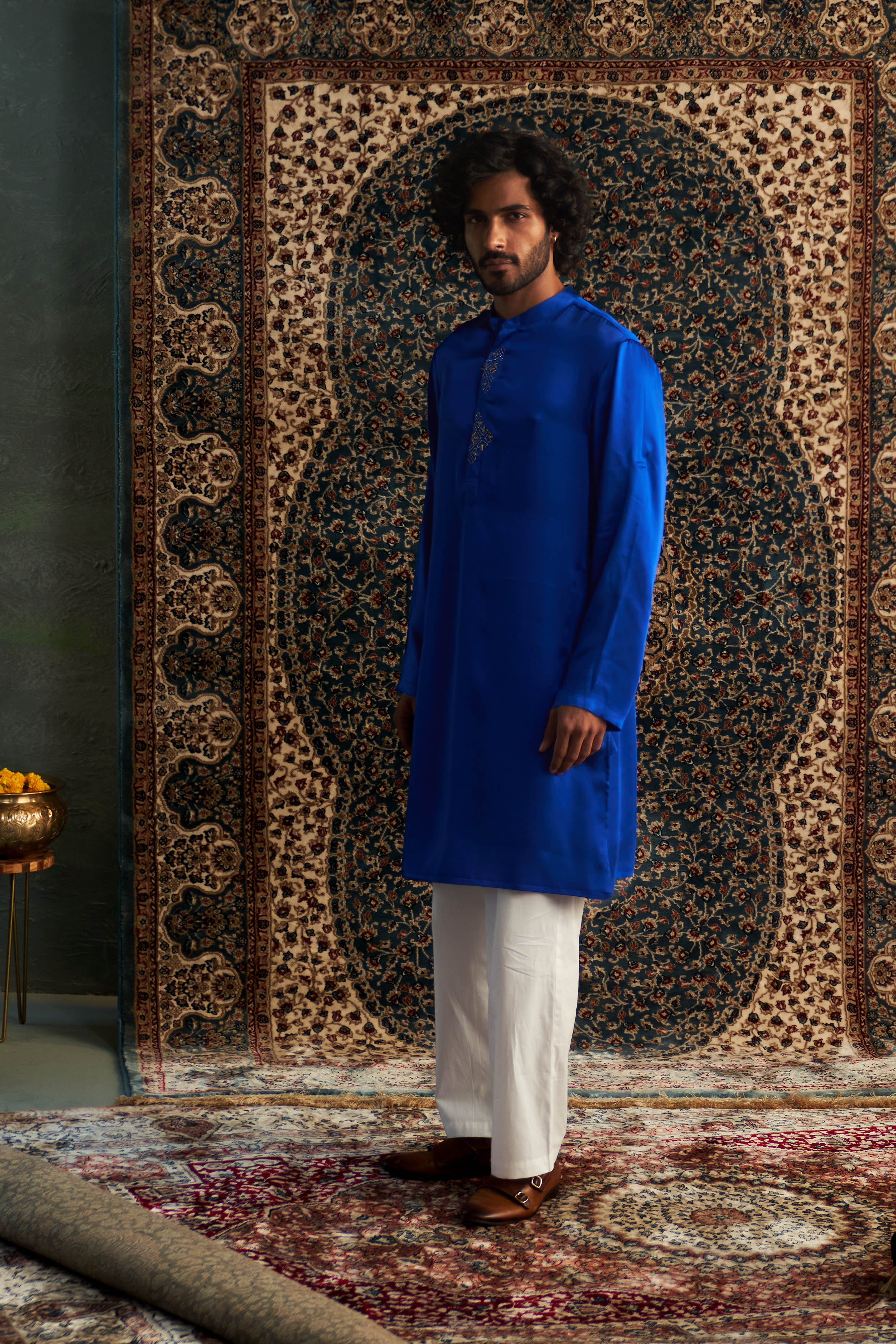 CY Charkhee Blue Embroidered Placket Kurta Set Side 1