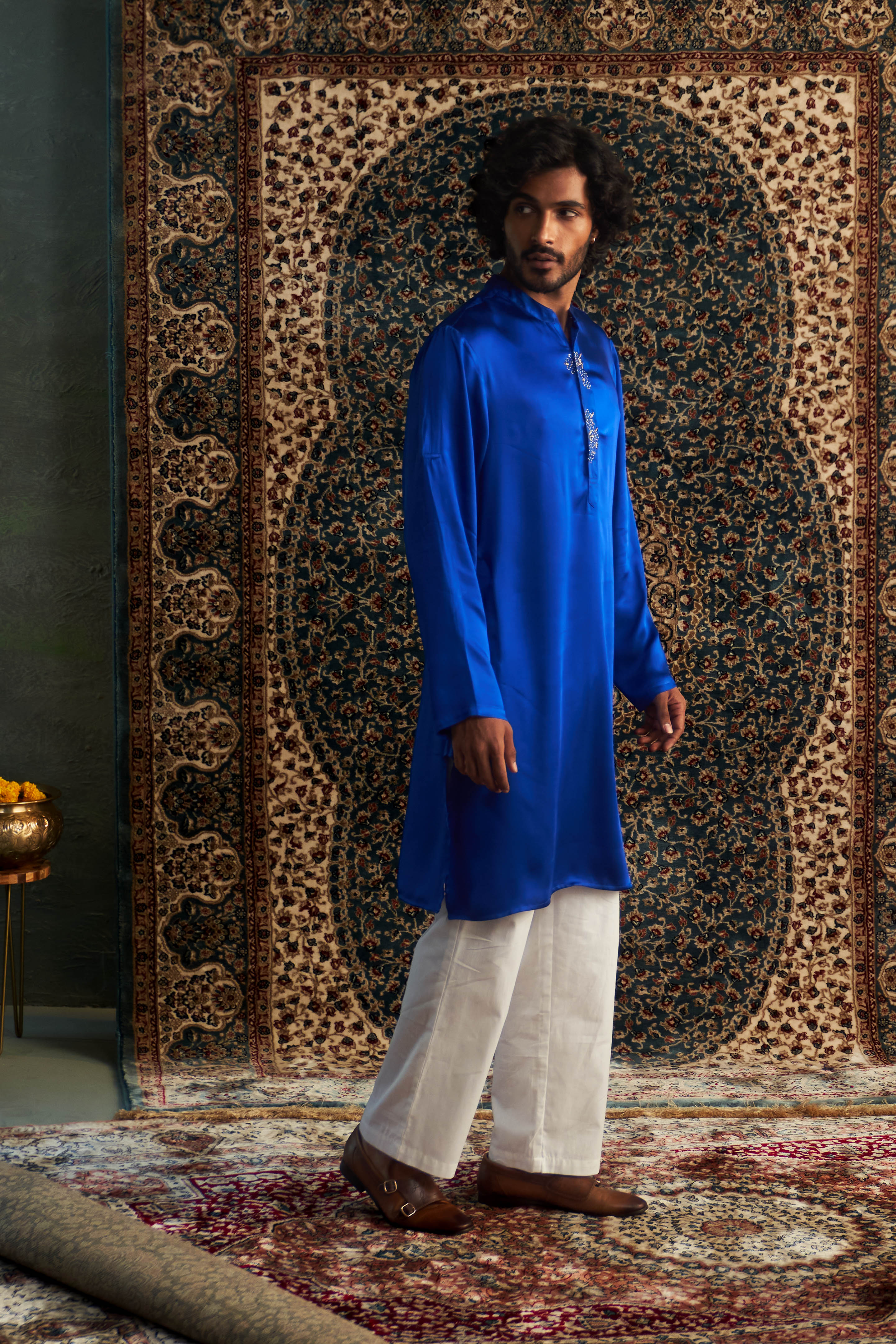 CY Charkhee Blue Embroidered Placket Kurta Set Side 2