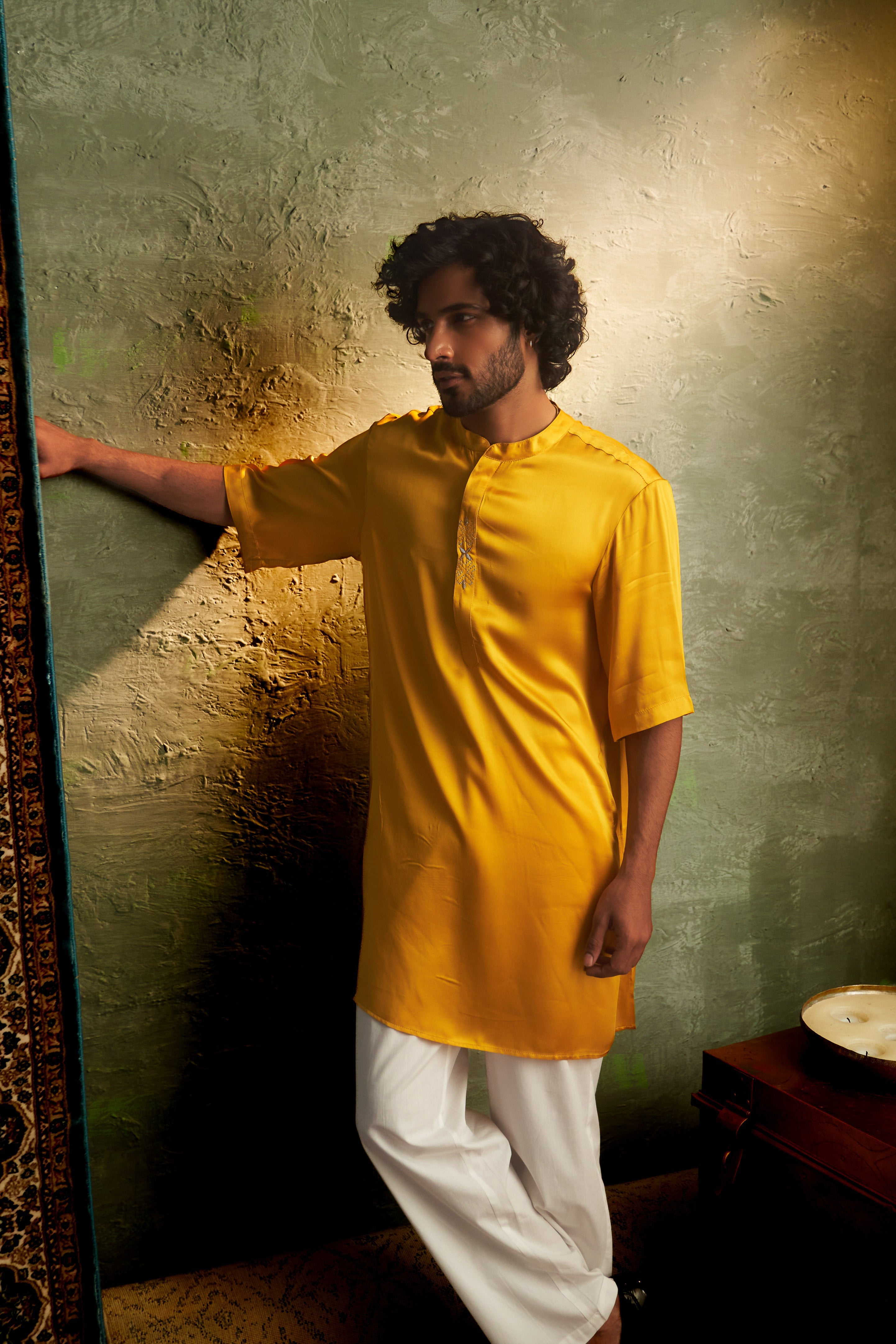 CY Charkhee Marigold Short Sleeve Kurta Set Closeup 1