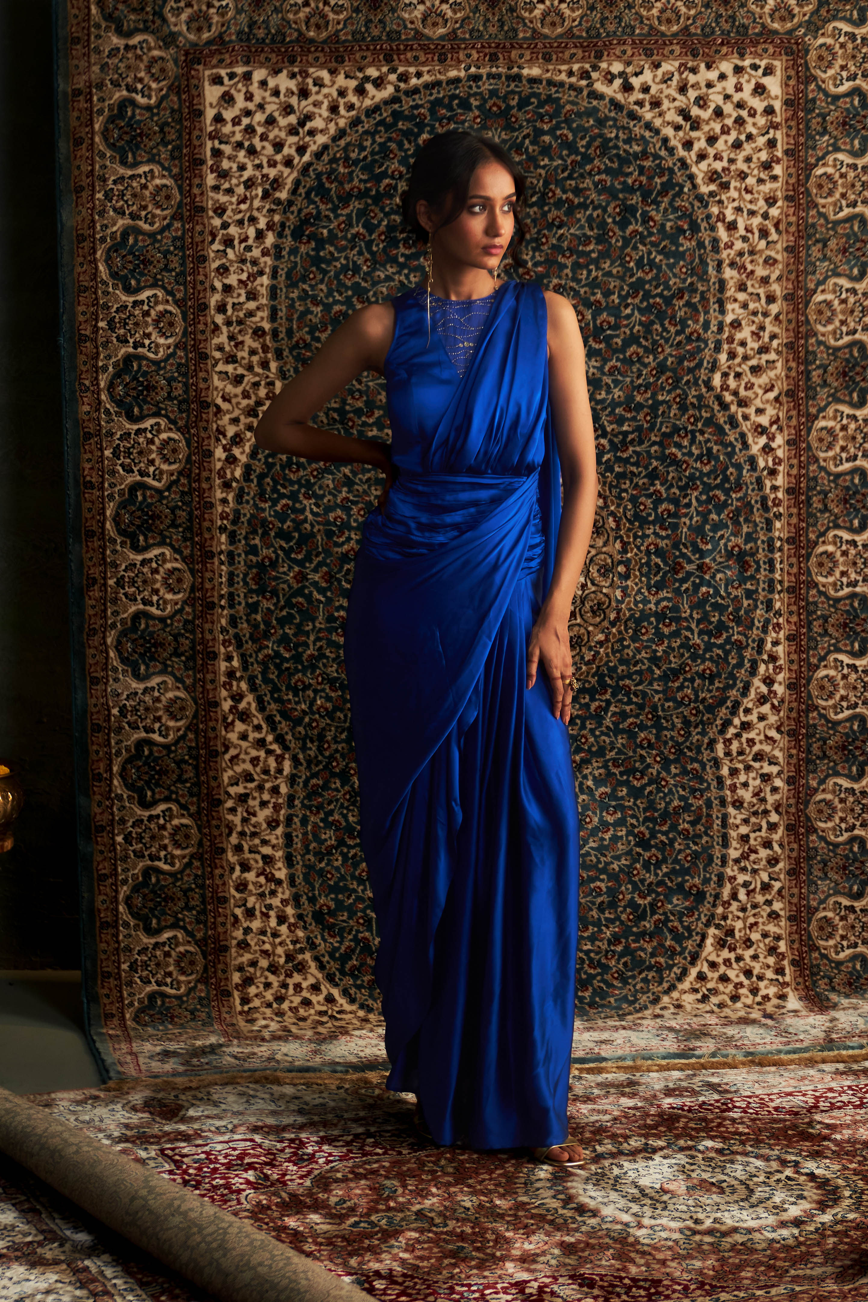 CY Charkhee Neel Embroidered Gown Draped Saree Front 2