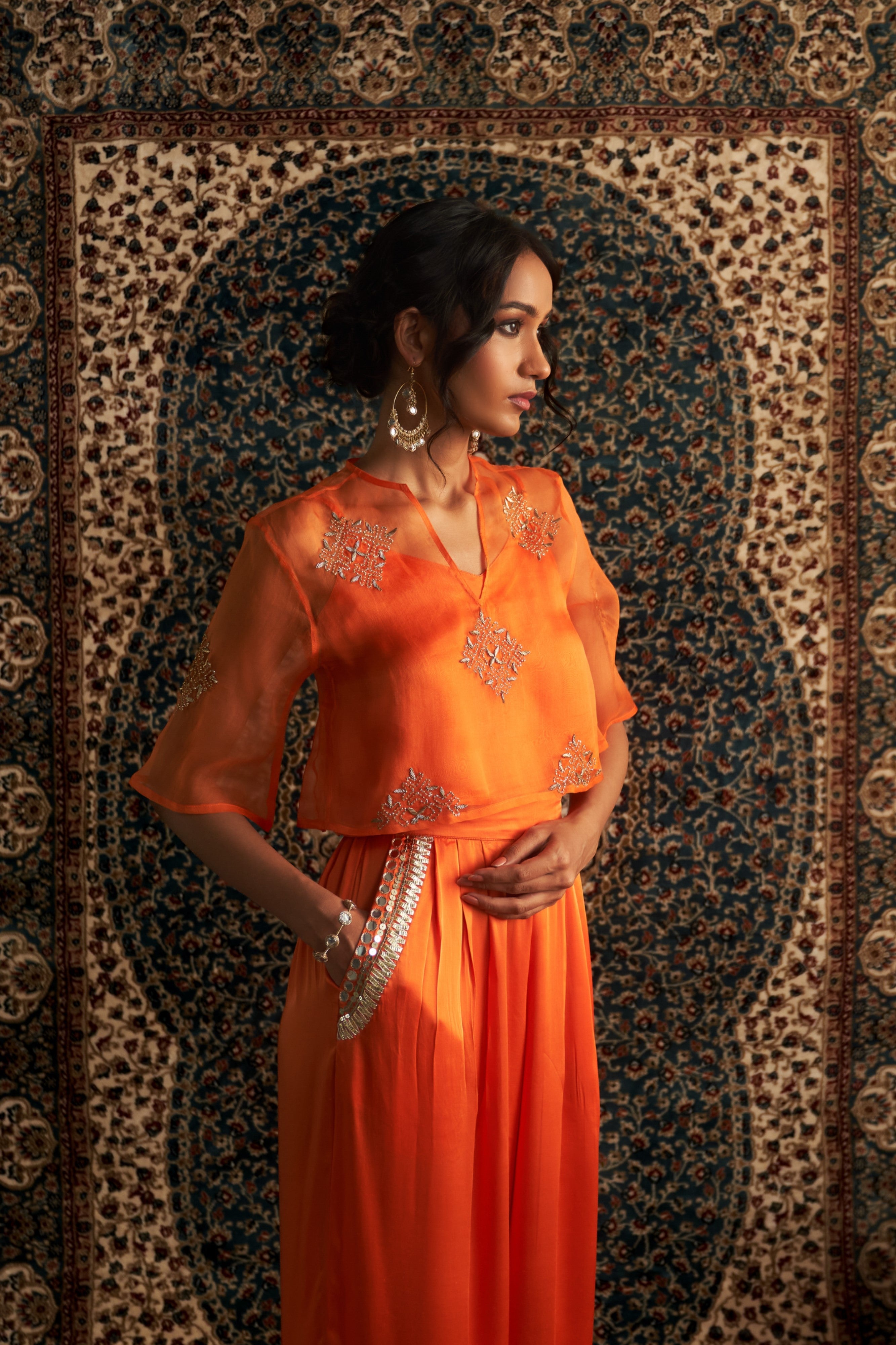 CY Charkhee Saffron Embroidered Co-ord Set Closeup 2