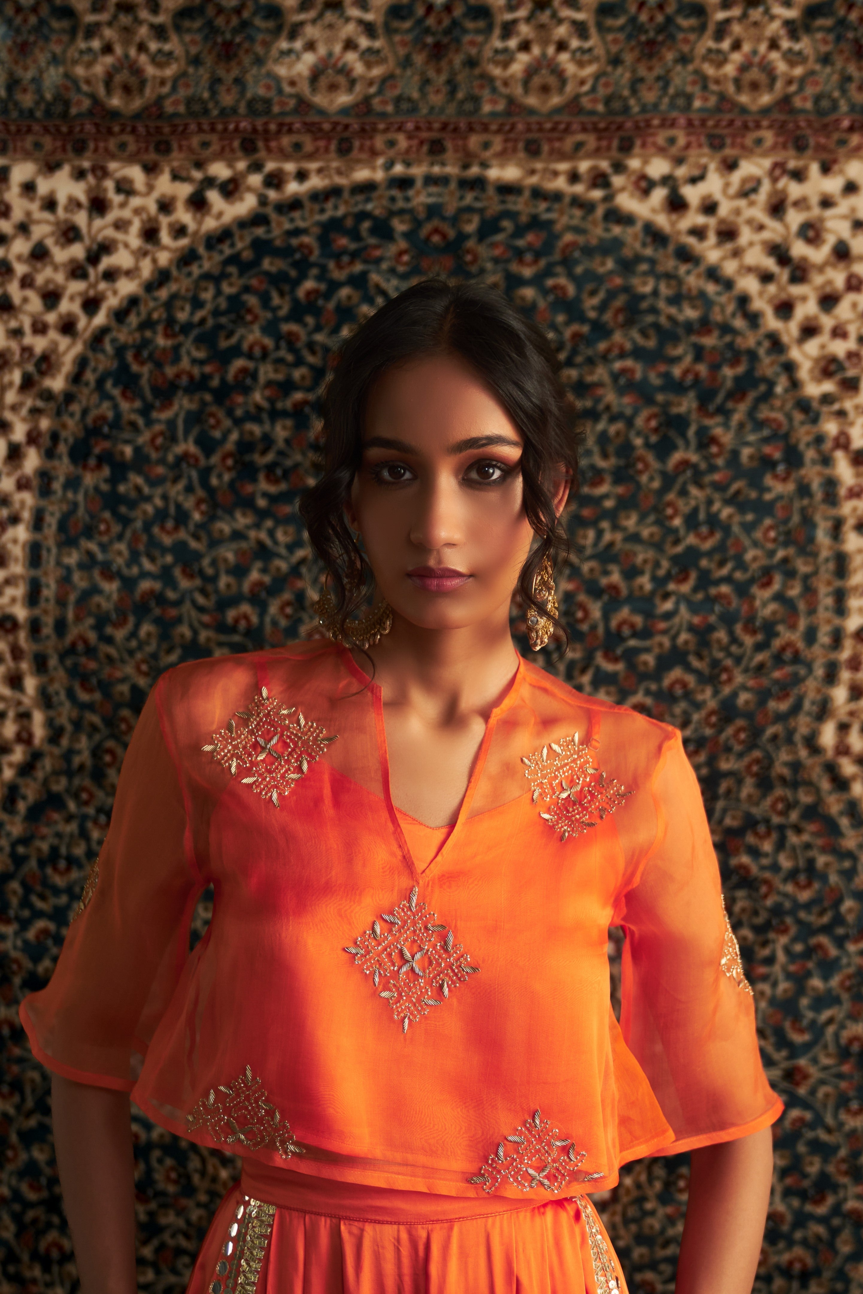 CY Charkhee Saffron Embroidered Co-ord Set Closeup 1