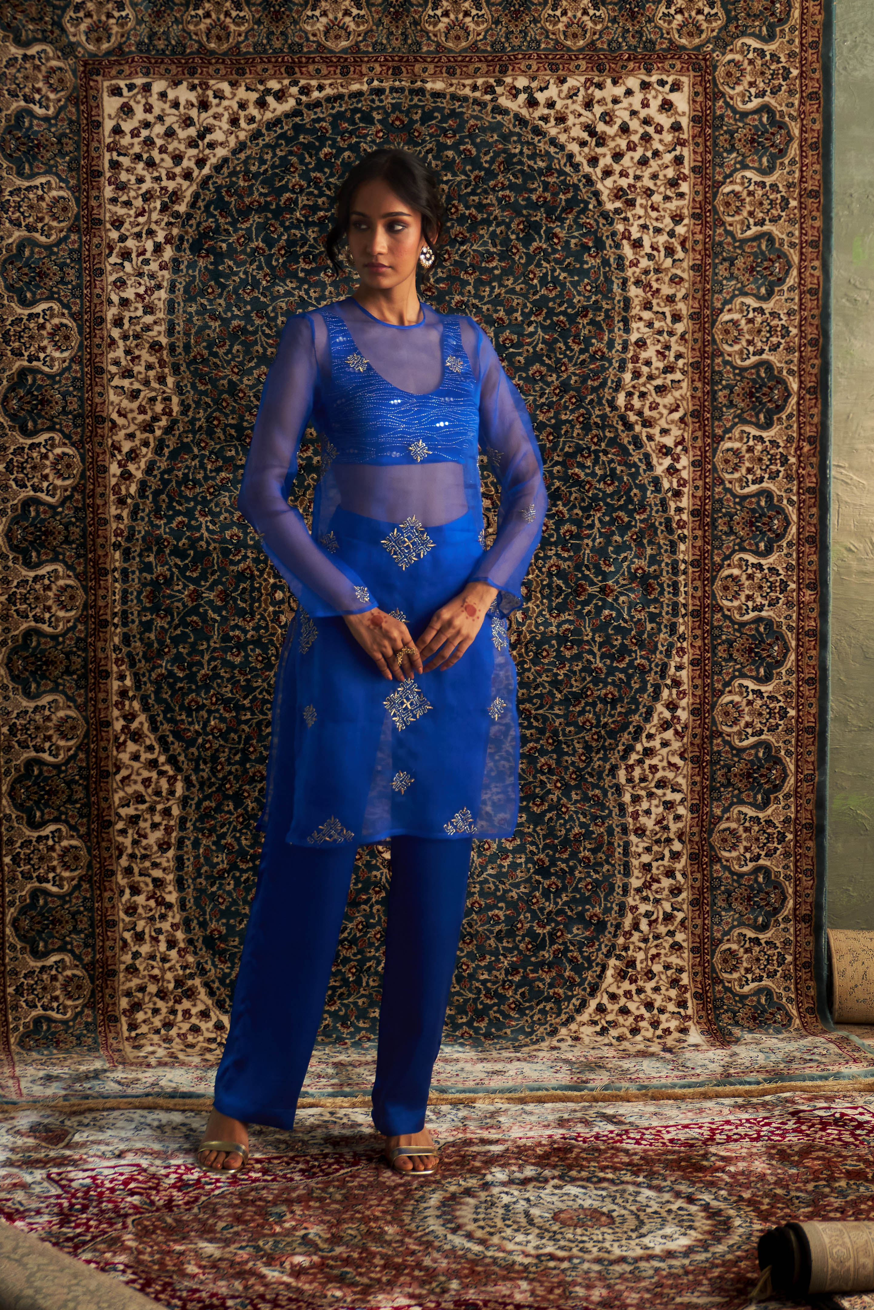 CY Charkhee Neel Embroidered Straight Co-ord Set Front 1