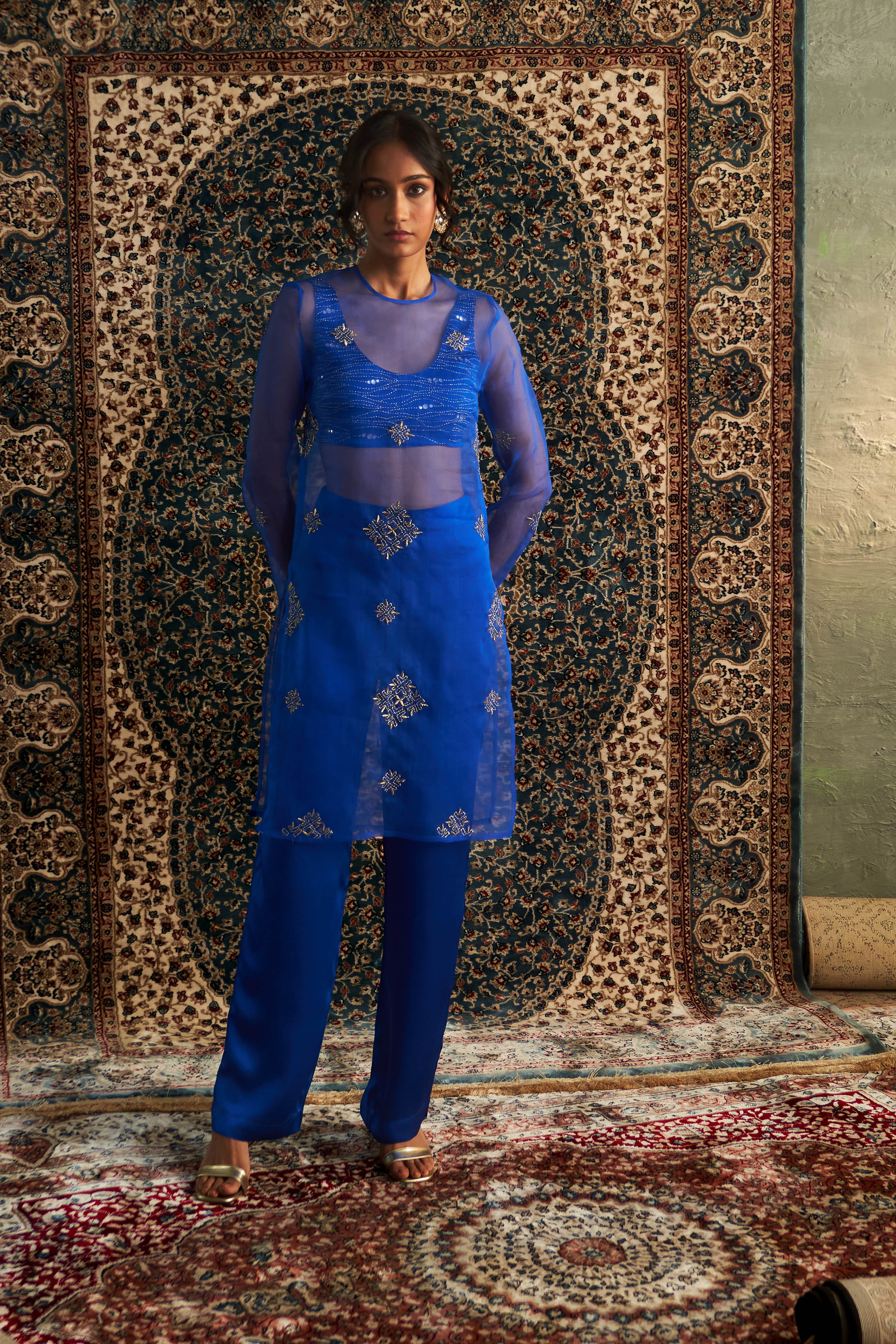 CY Charkhee Neel Embroidered Straight Co-ord Set Front 2