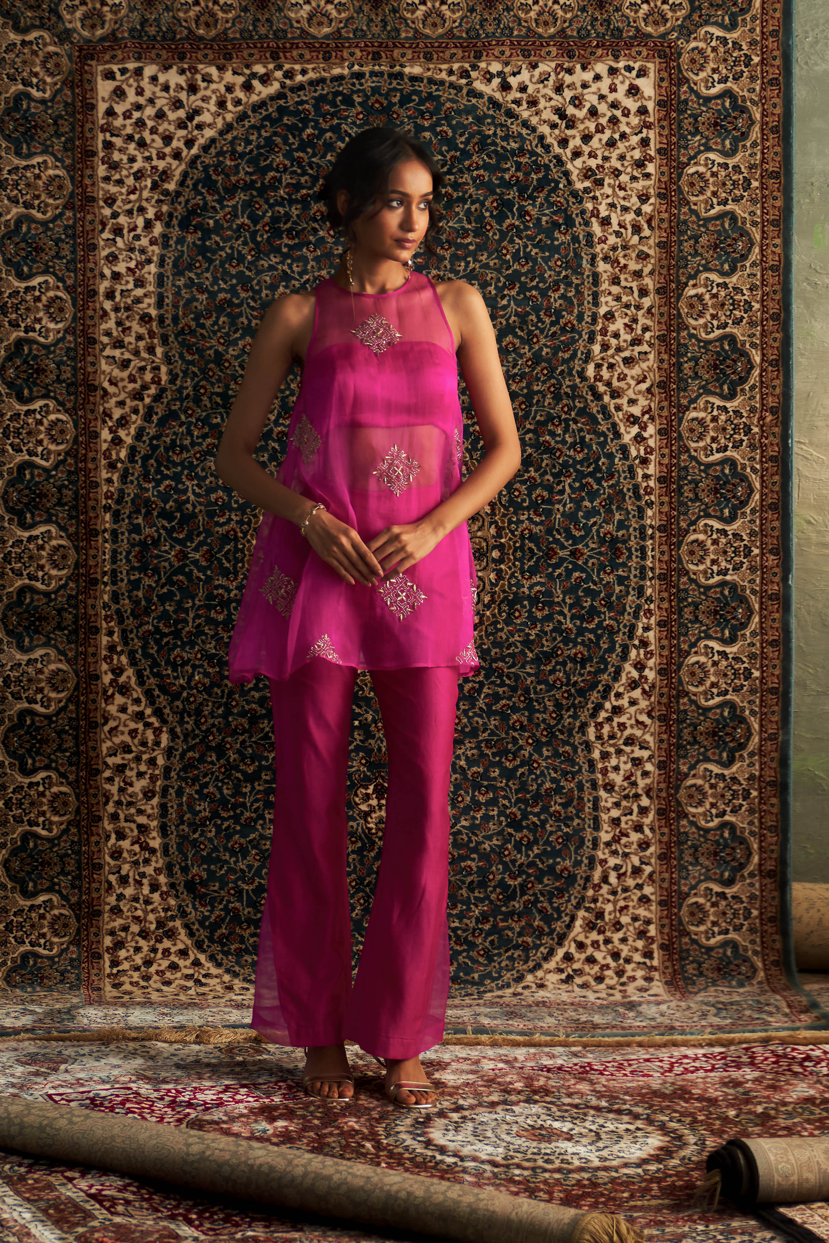 CY Charkhee Rani Pink Embroidered A-line Co-ord Set Front 2