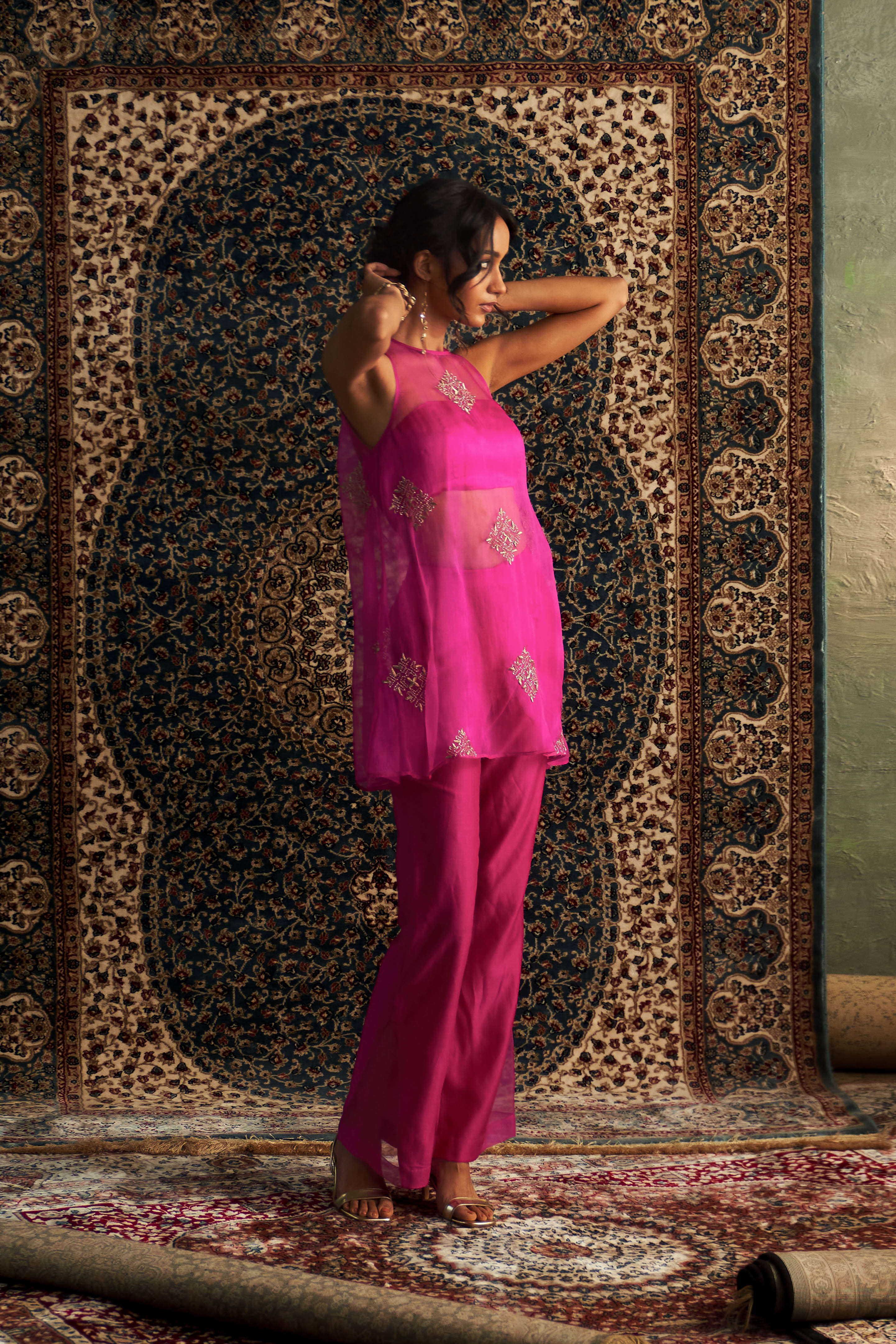 CY Charkhee Rani Pink Embroidered A-line Co-ord Set Side 1