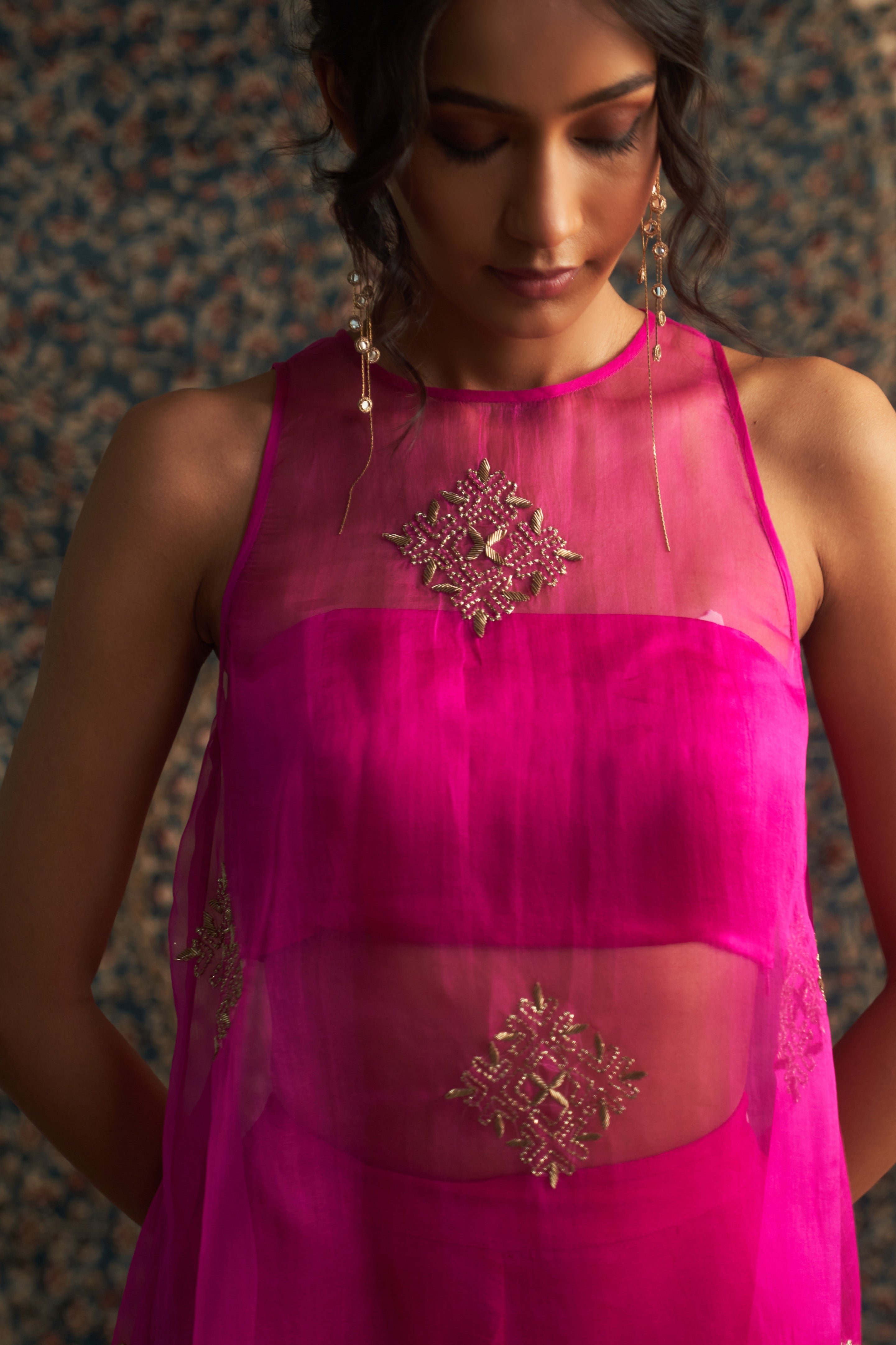 CY Charkhee Rani Pink Embroidered A-line Co-ord Set Closeup 1