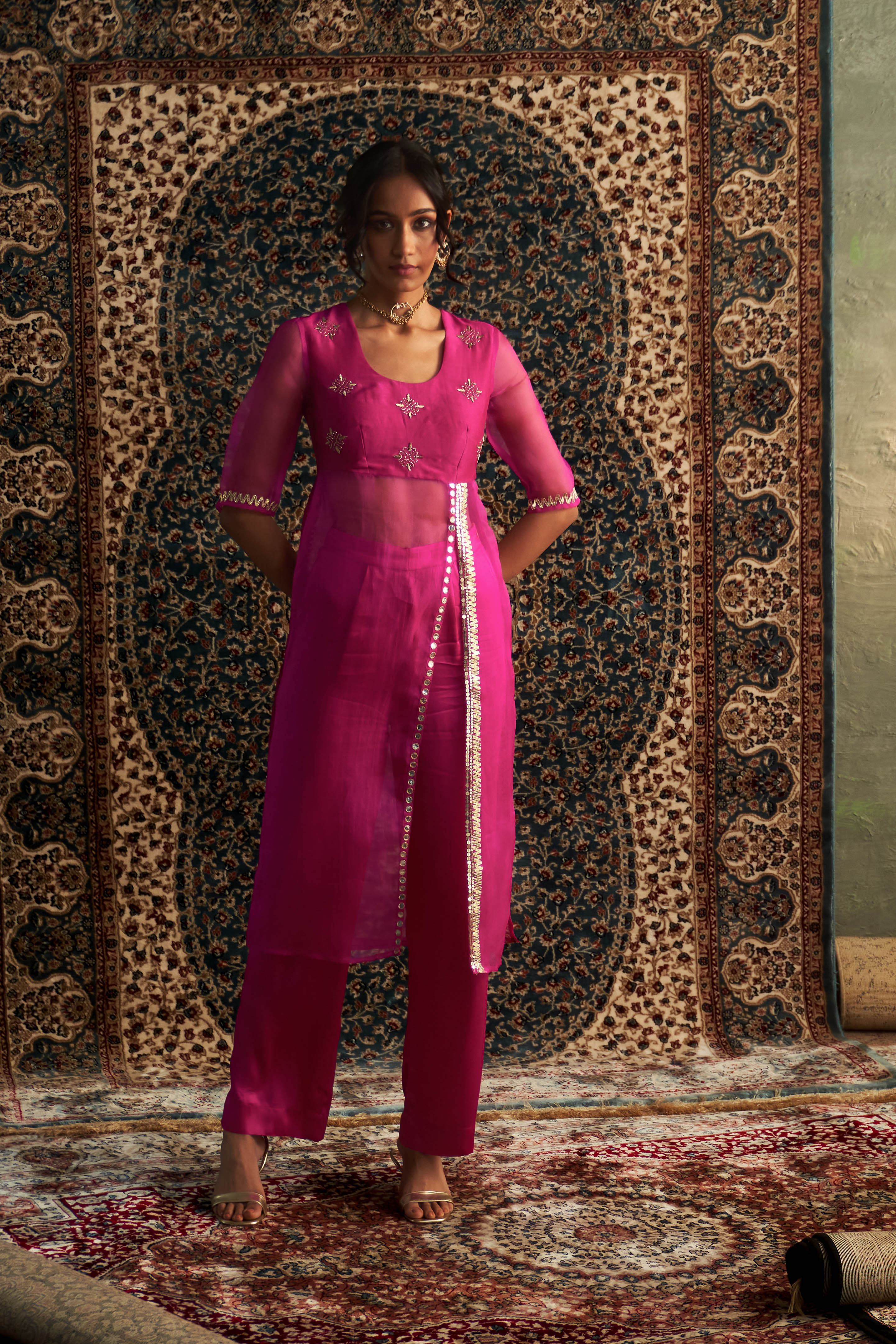 CY Charkhee Rani Pink Embroidred Straight Kurta Set Front 1