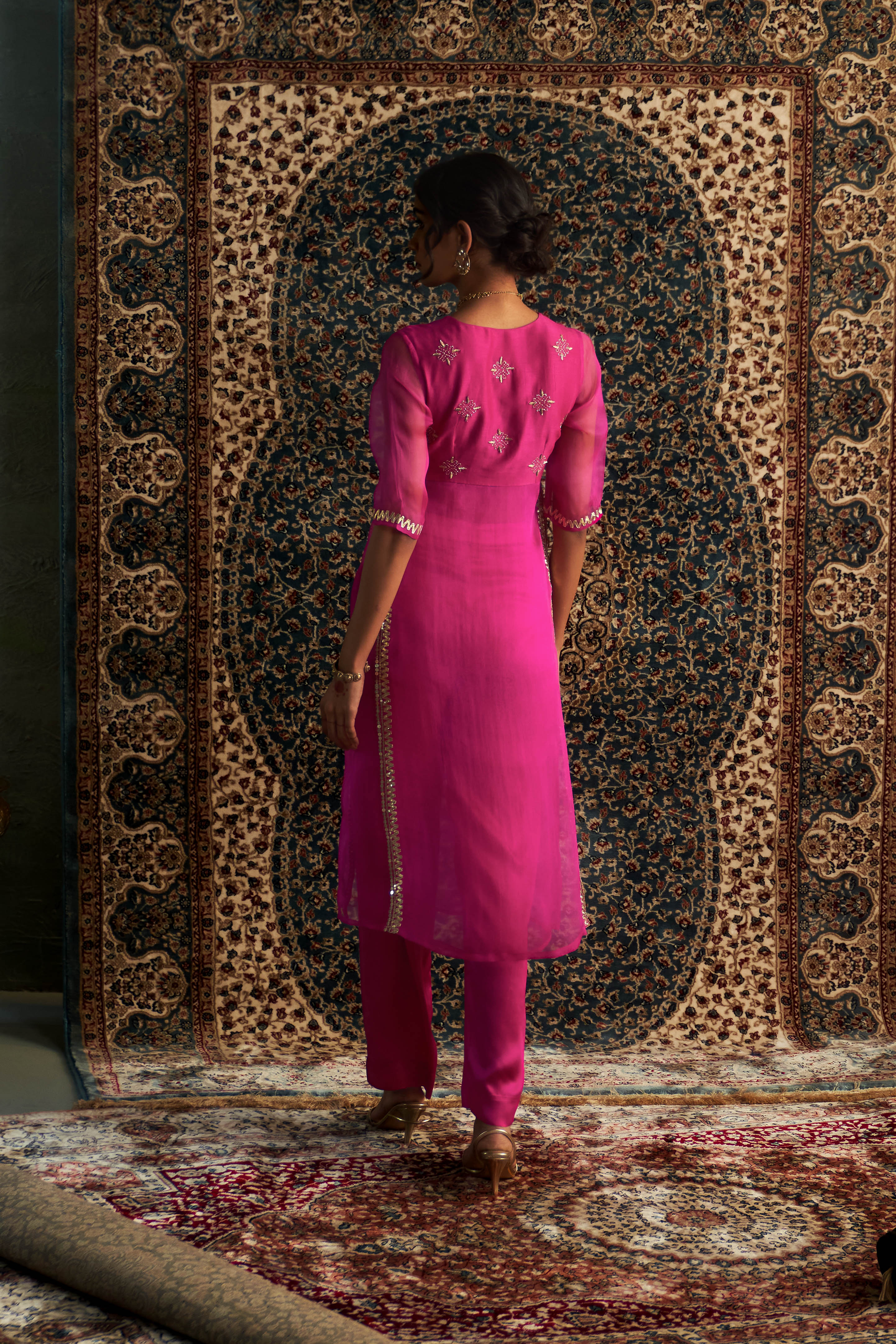 CY Charkhee Rani Pink Embroidred Straight Kurta Set Back 1