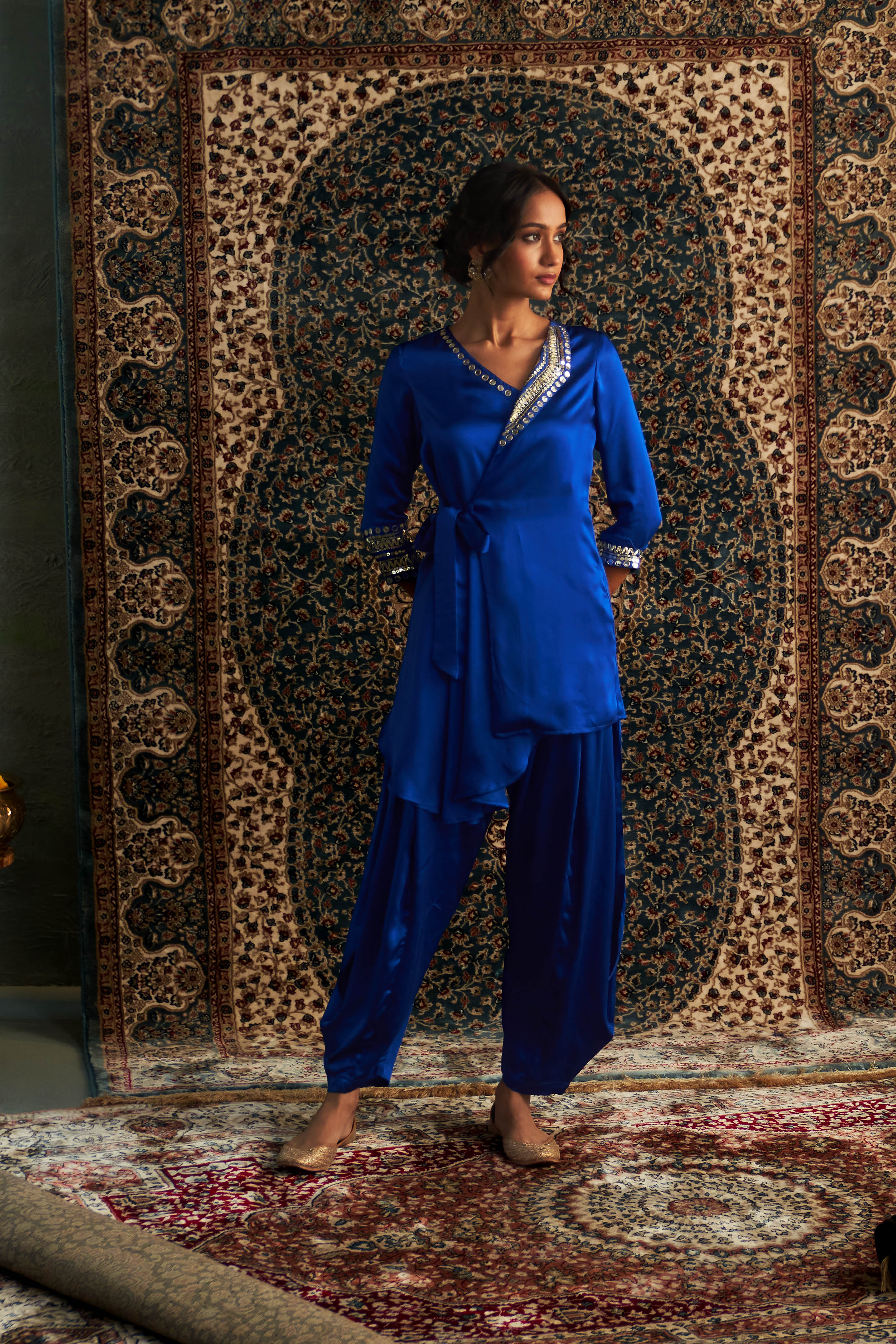 CY Charkhee Blue Embroidered Wrape Co-ord Set Front 1