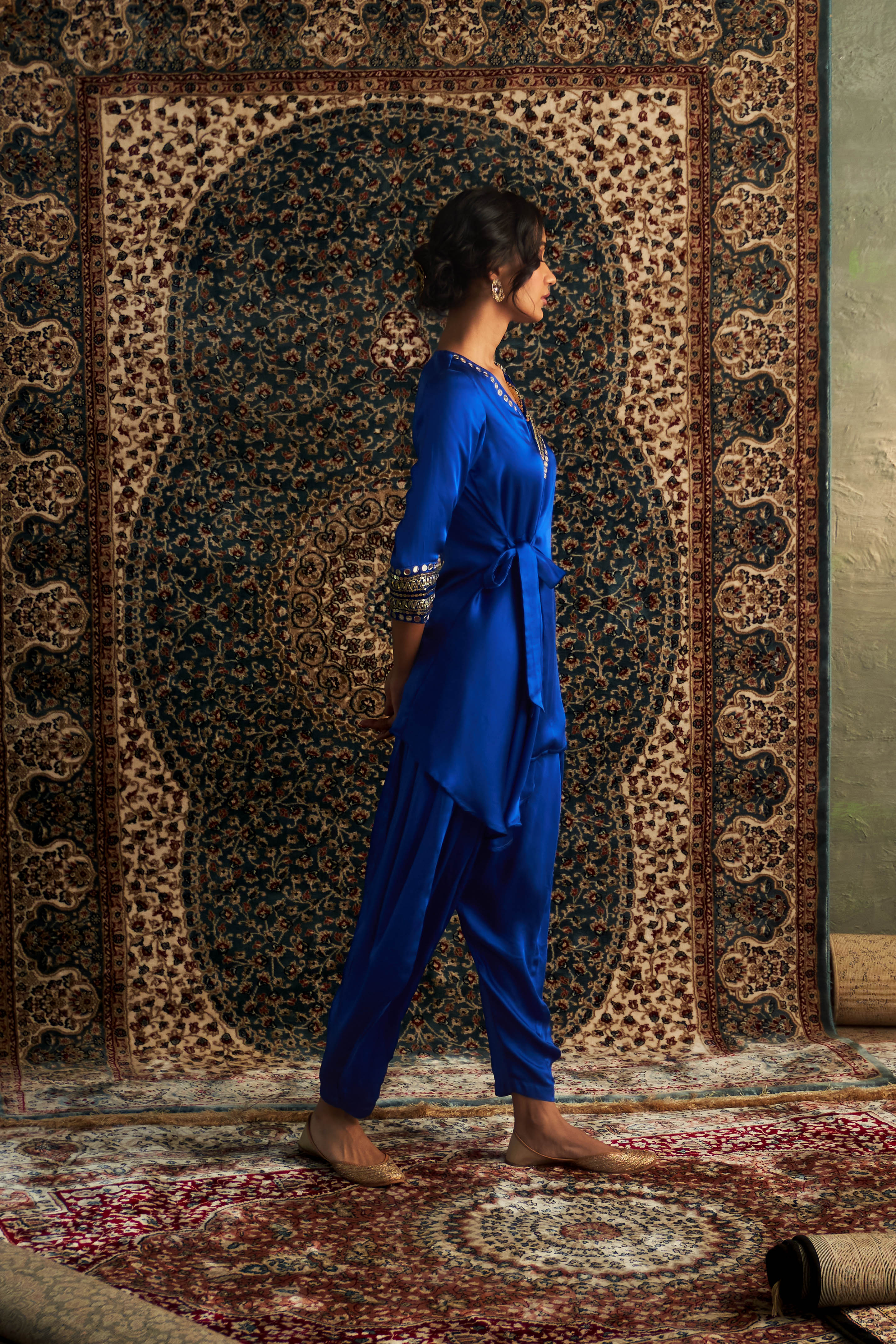 CY Charkhee Blue Embroidered Wrape Co-ord Set Side 1