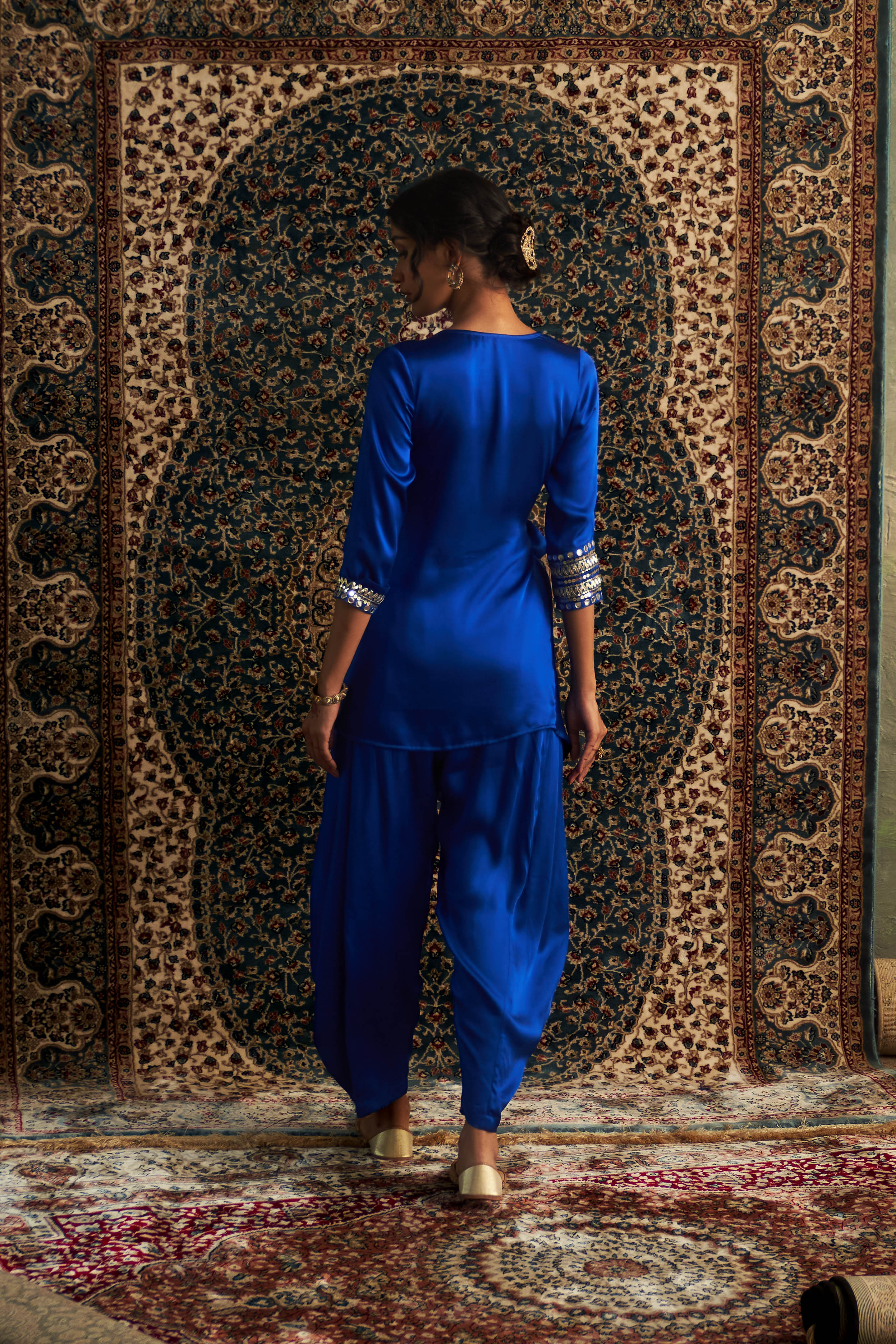 CY Charkhee Blue Embroidered Wrape Co-ord Set Back 1