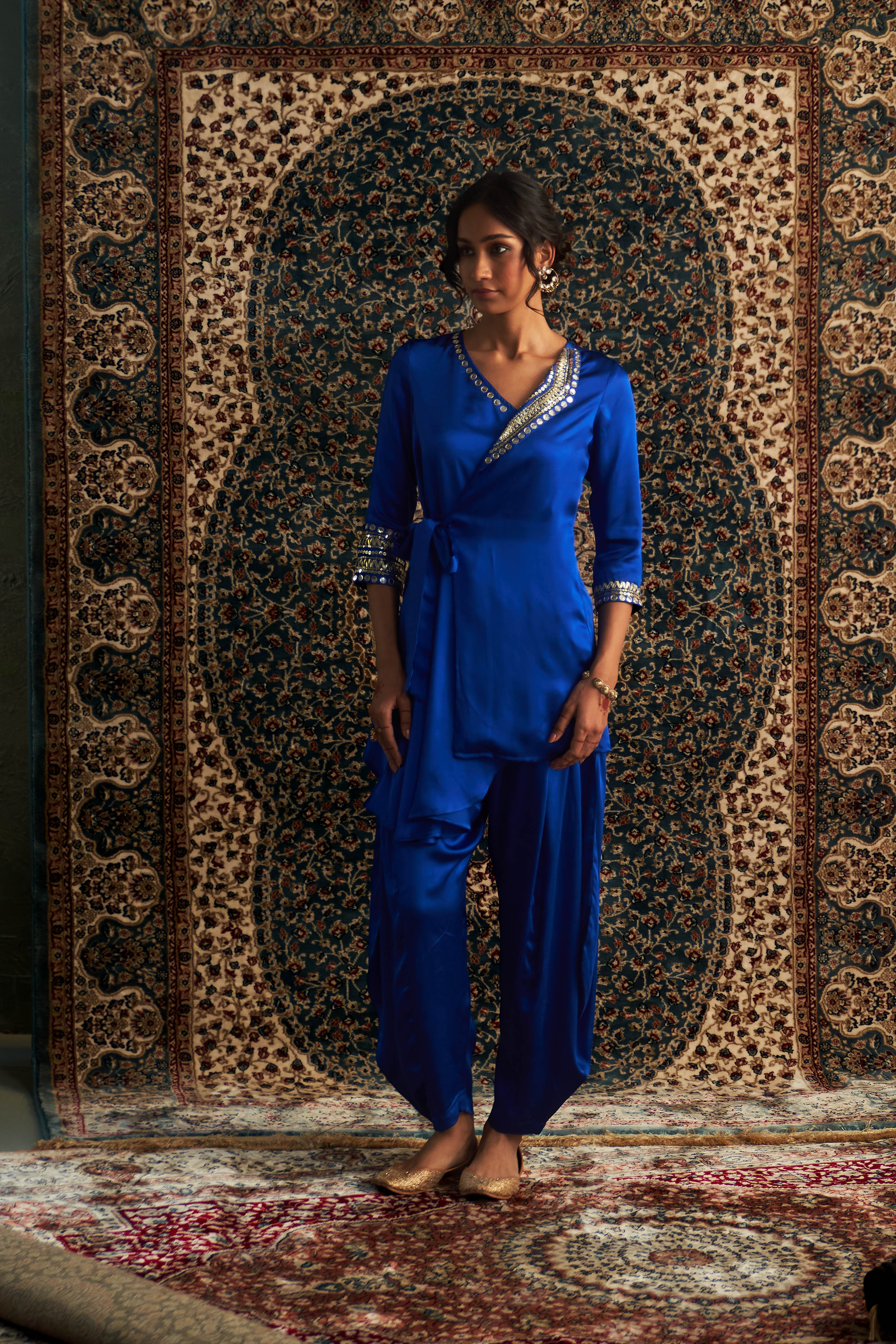 CY Charkhee Blue Embroidered Wrape Co-ord Set Front 2