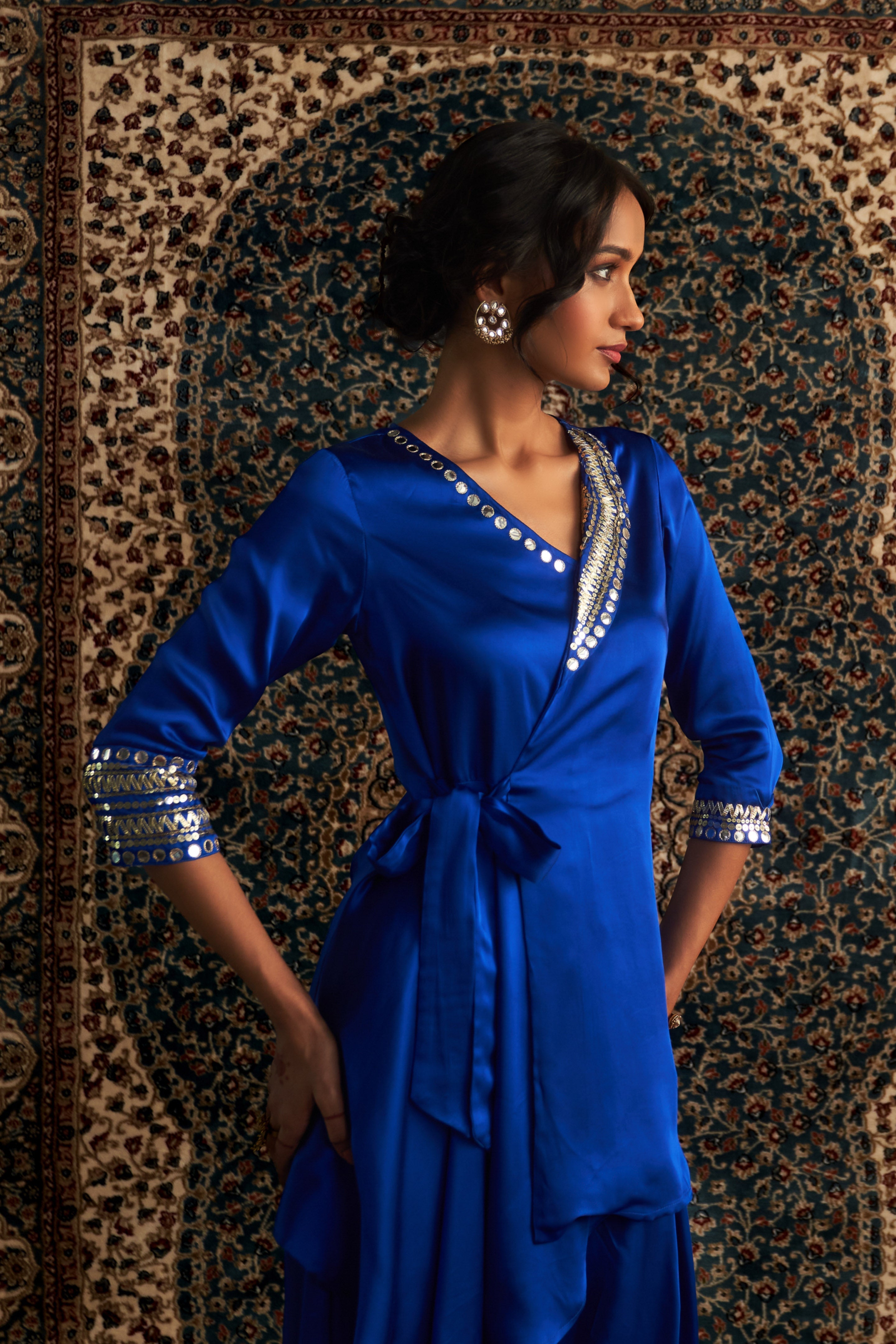 CY Charkhee Blue Embroidered Wrape Co-ord Set Closeup 1