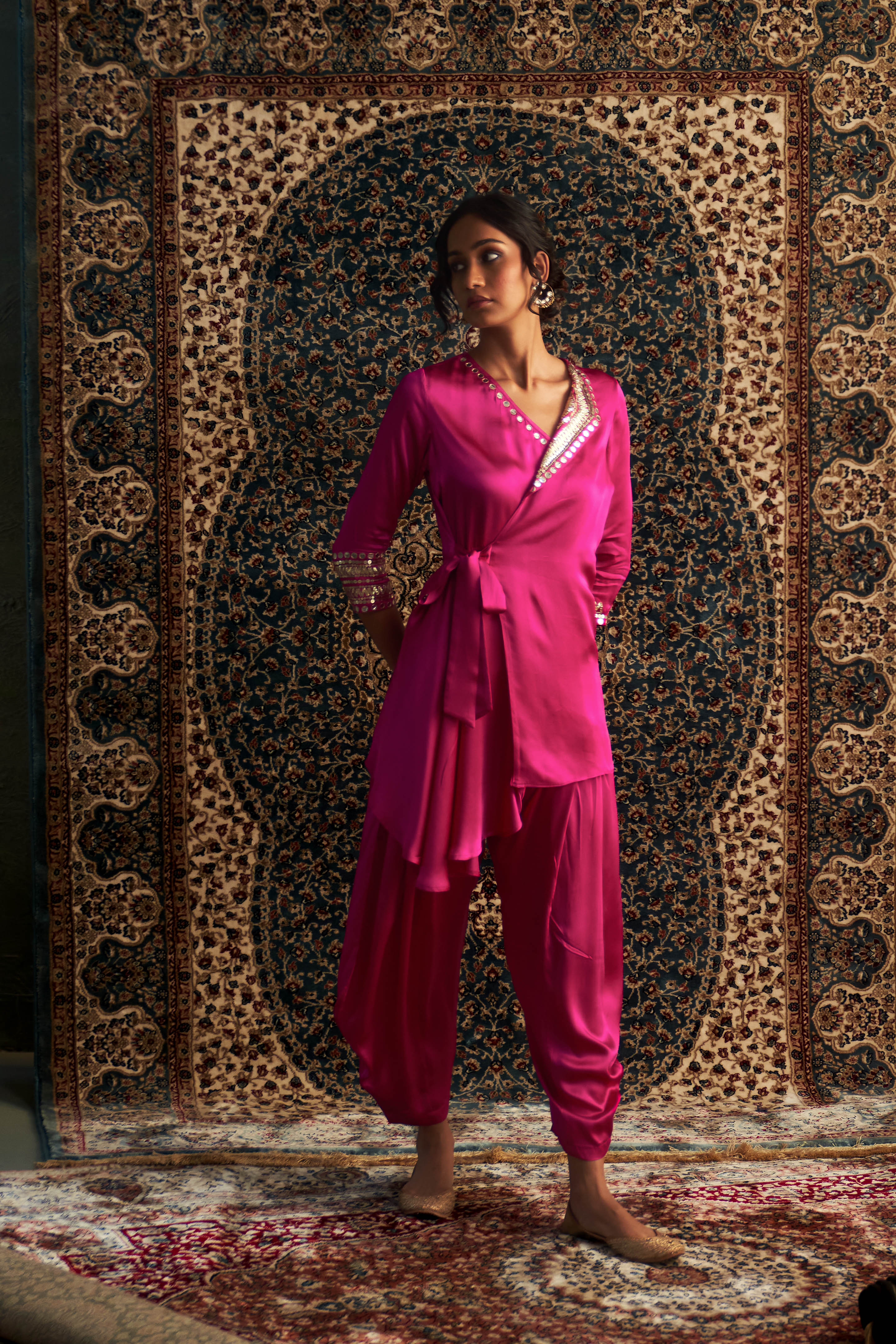 CY Charkhee Rani Pink Embroidered Wrape Co-ord Set Side 2