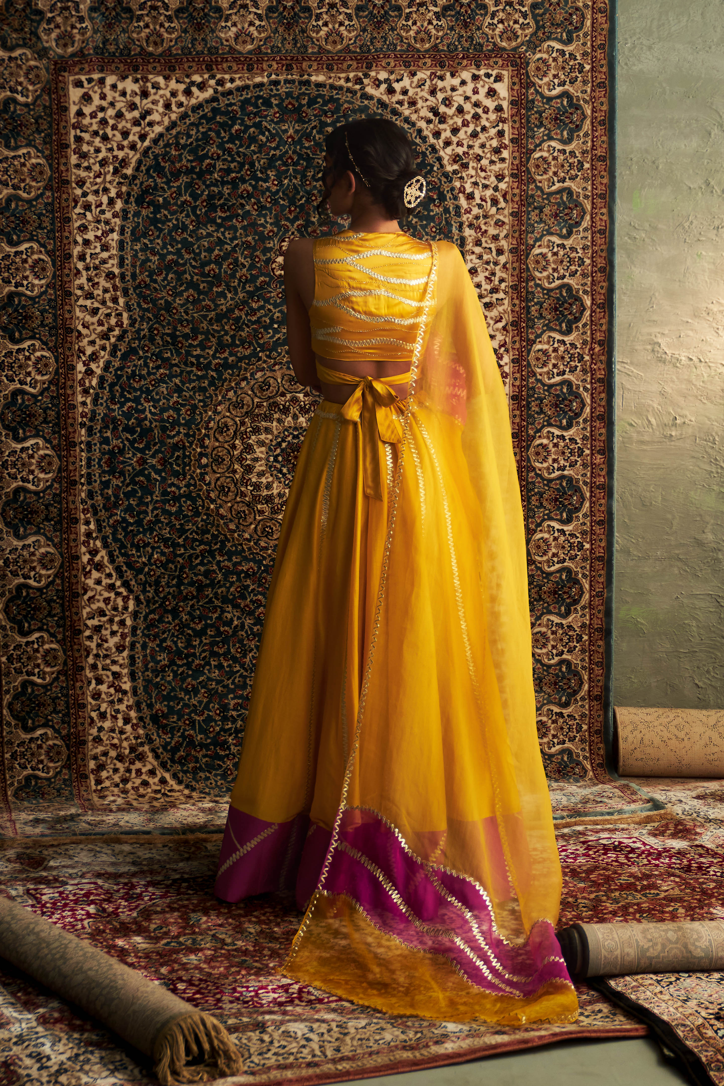 CY Charkhee Marigold Embroidered Lehenga With Back Tie Up Blouse Back 1