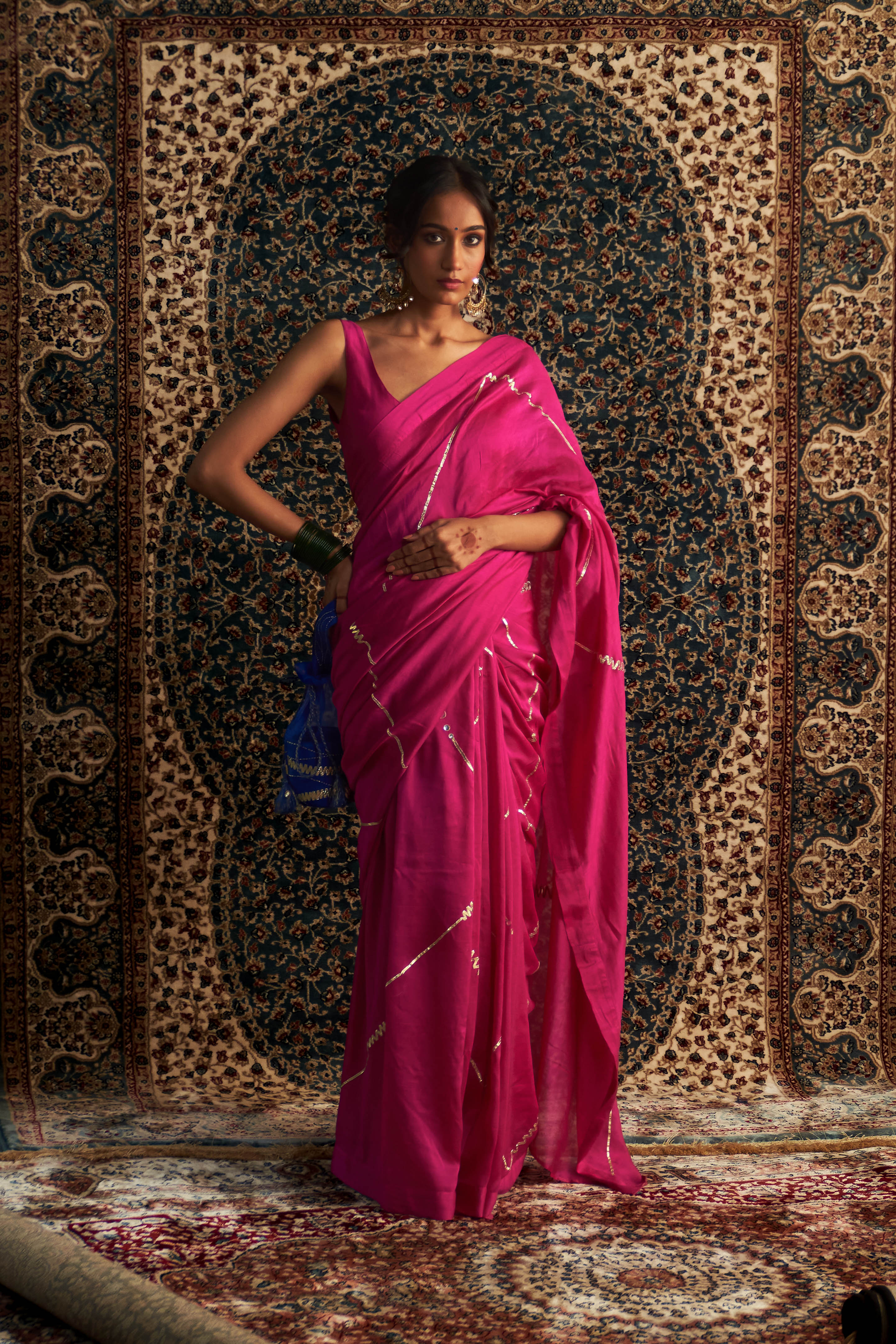 CY Charkhee Rani Pink Embroidered Chanderi Saree With Sleeveless Blouse Front 2