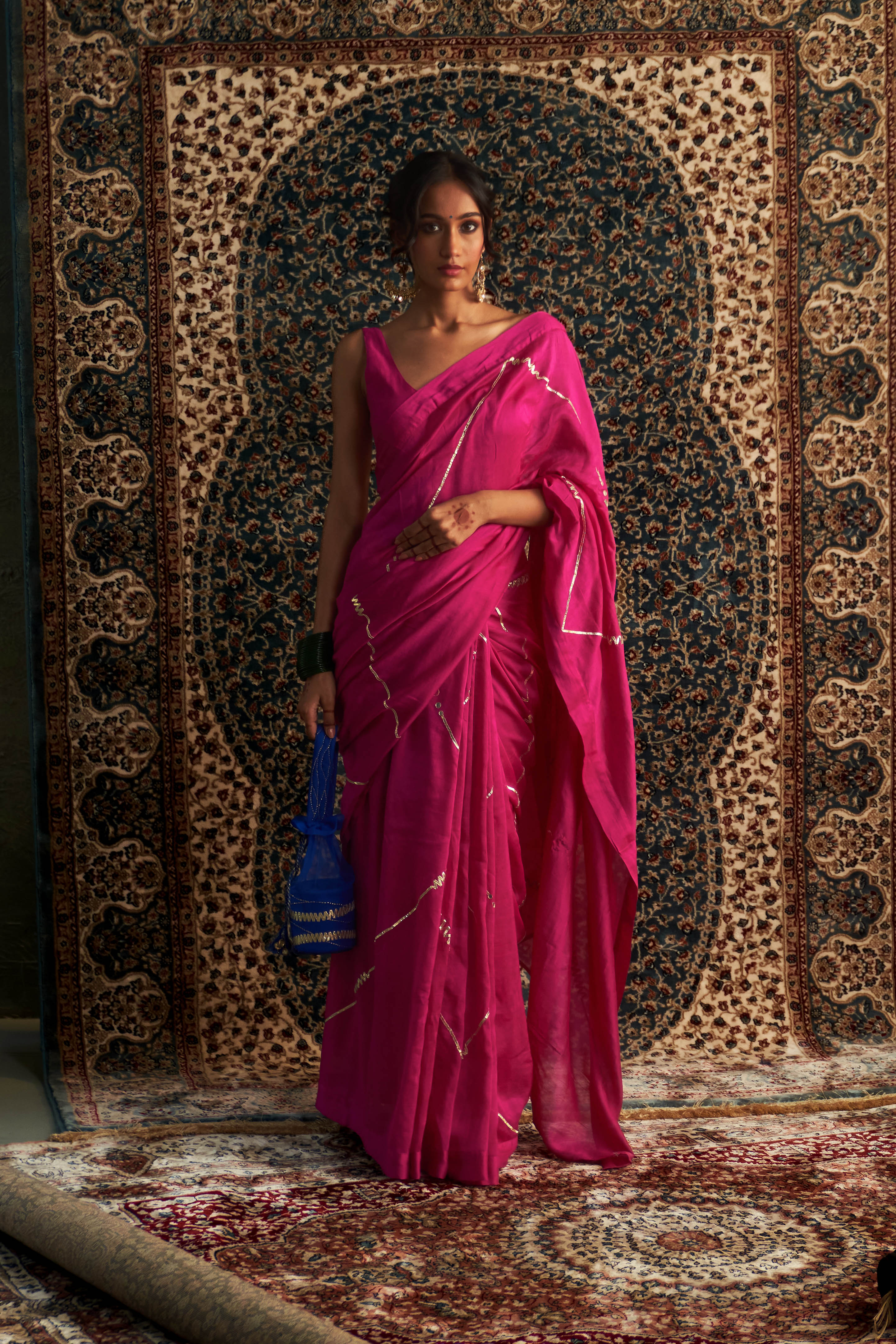 CY Charkhee Rani Pink Embroidered Chanderi Saree With Sleeveless Blouse Front 1