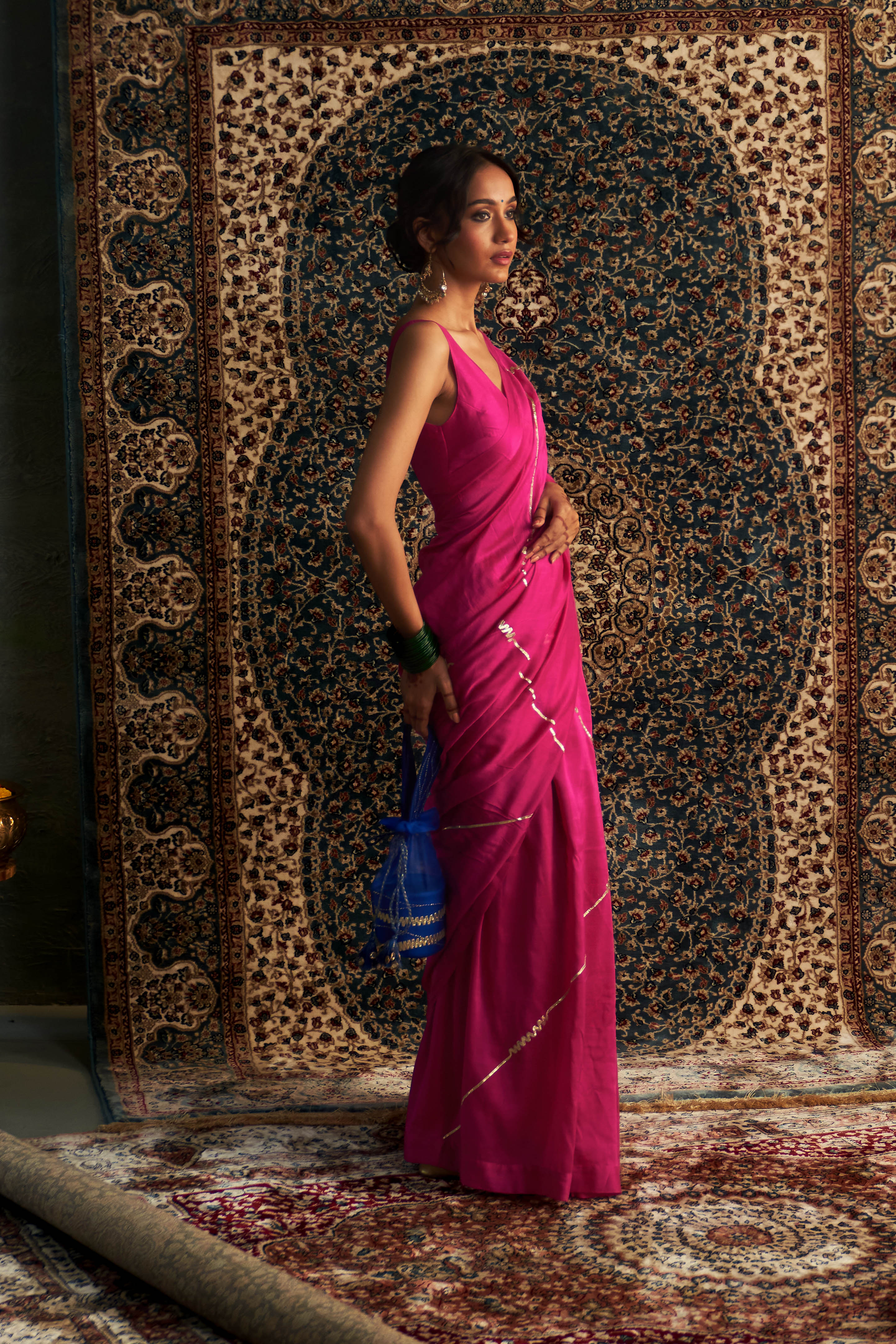 CY Charkhee Rani Pink Embroidered Chanderi Saree With Sleeveless Blouse Side 1