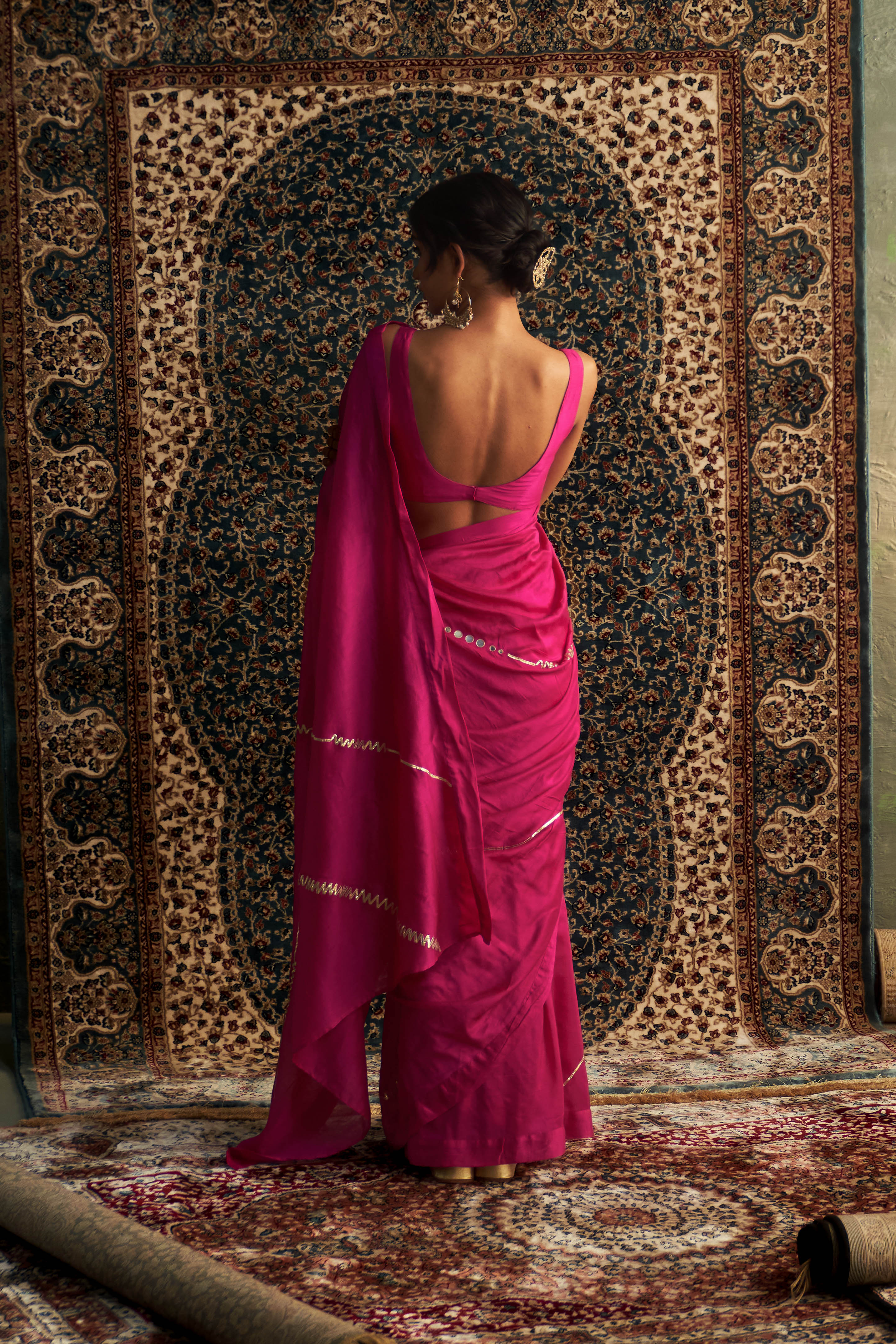 CY Charkhee Rani Pink Embroidered Chanderi Saree With Sleeveless Blouse Back 1