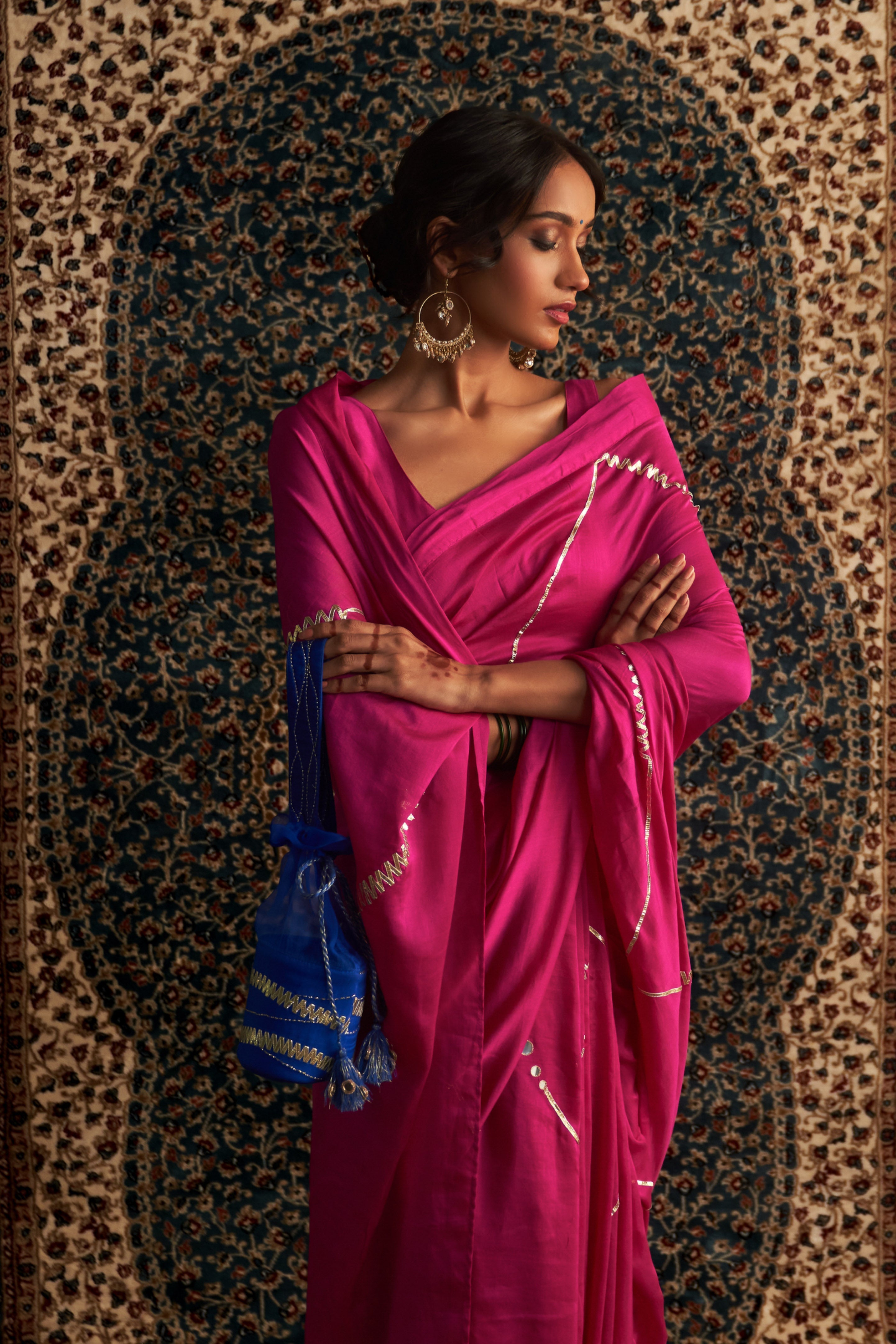 CY Charkhee Rani Pink Embroidered Chanderi Saree With Sleeveless Blouse Closeup 1