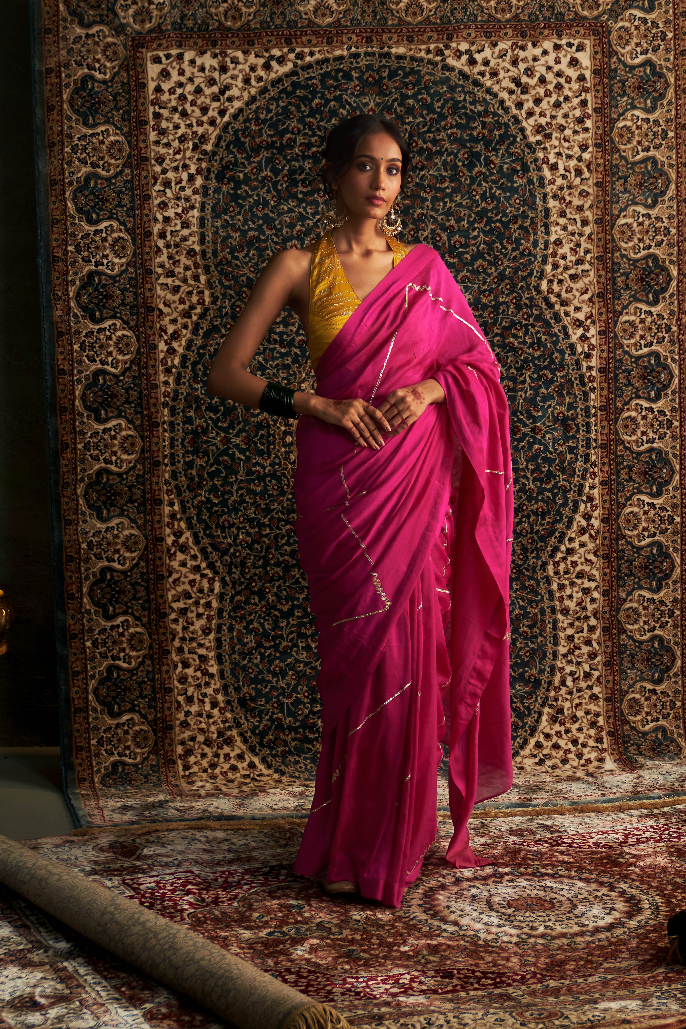 CY Charkhee Rani Pink Embroidered Chanderi Saree With Halter Neck Blouse Front 1