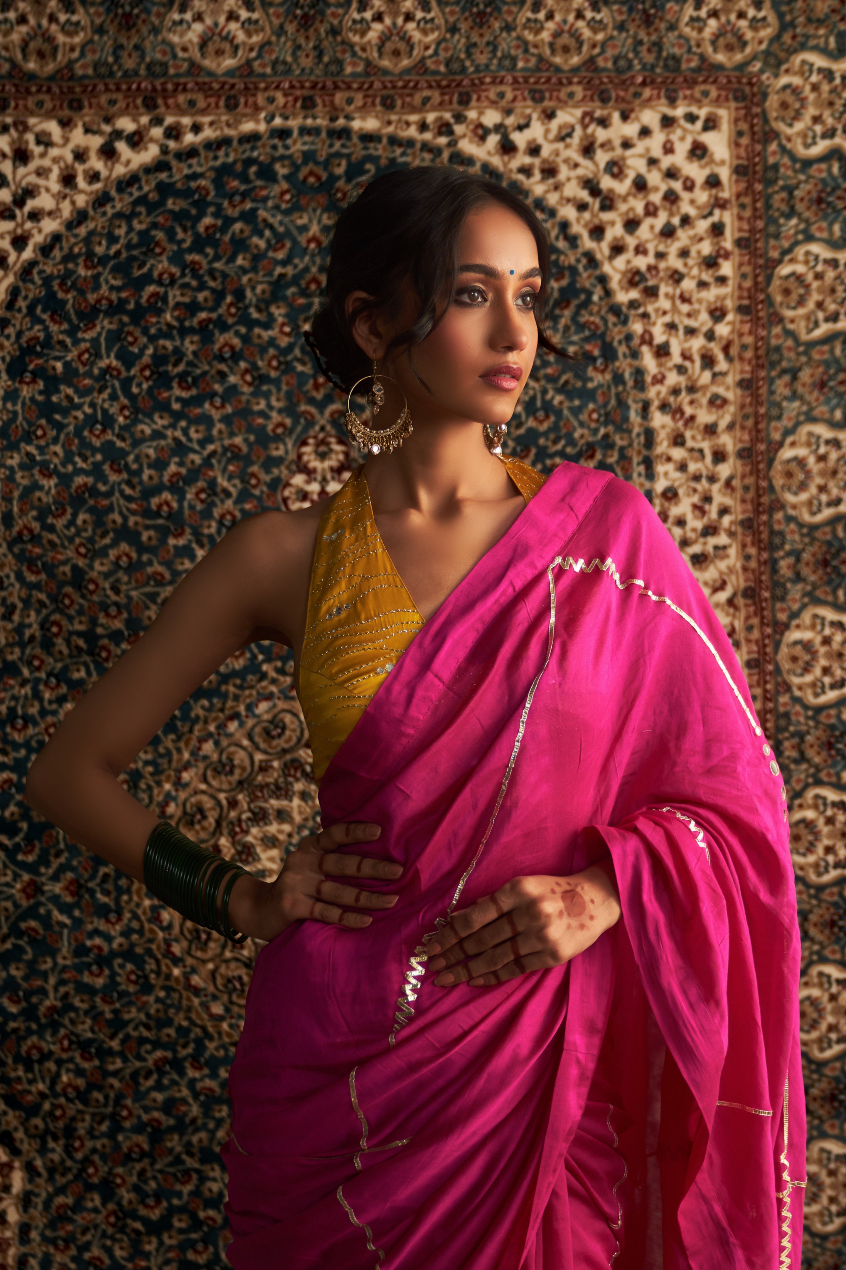 CY Charkhee Rani Pink Embroidered Chanderi Saree With Halter Neck Blouse Closeup 1