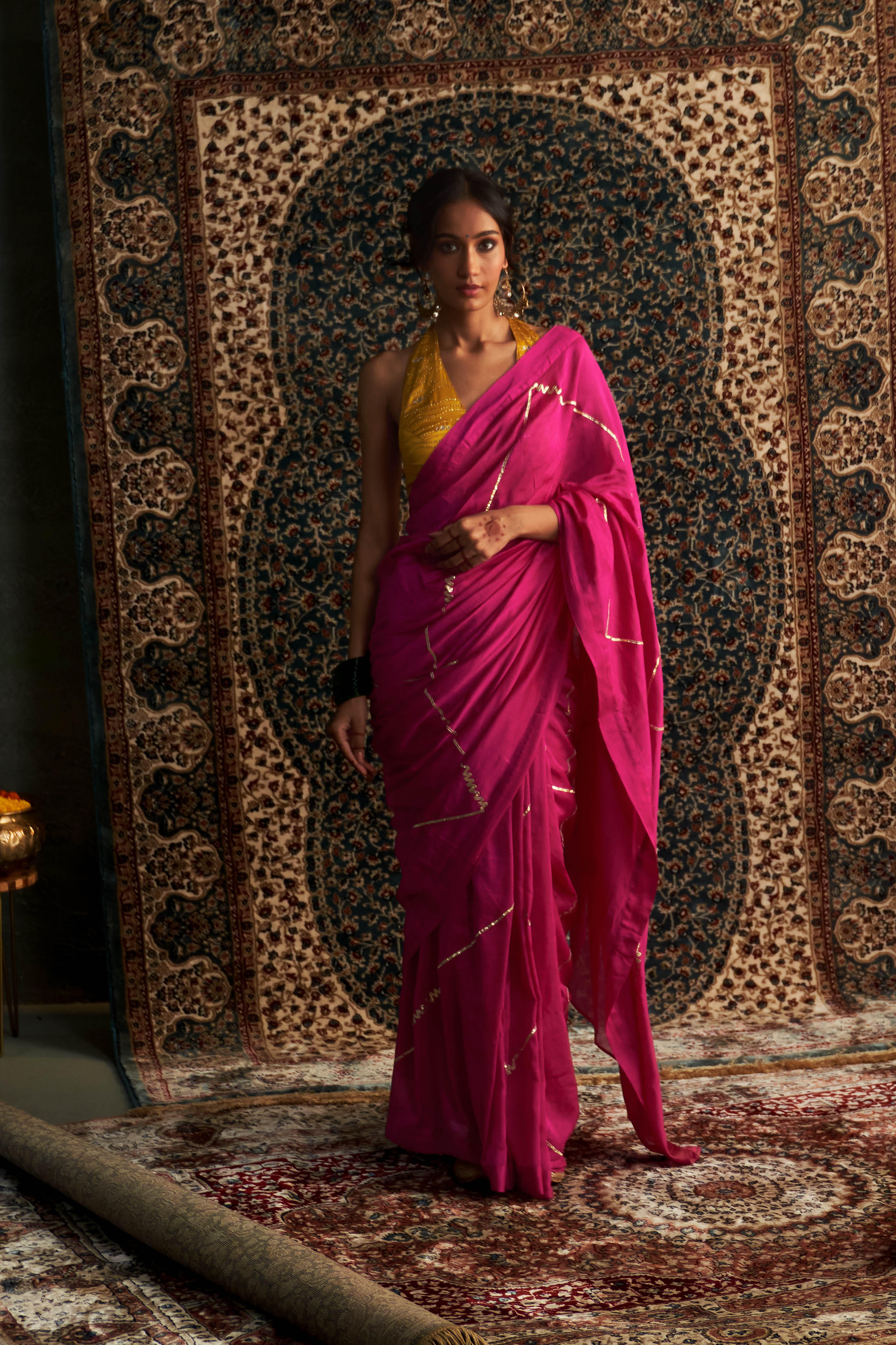 CY Charkhee Rani Pink Embroidered Chanderi Saree With Halter Neck Blouse Front 2