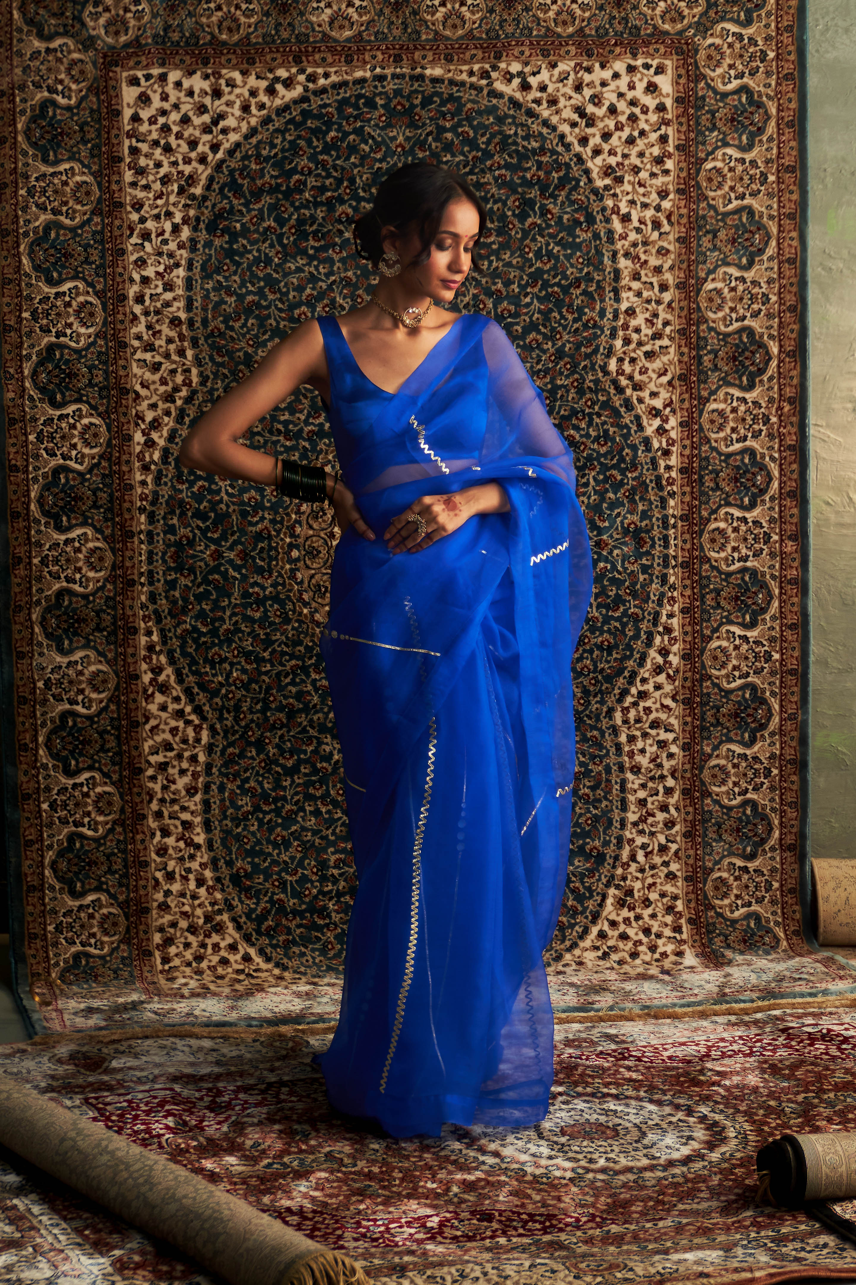 CY Charkhee Blue Embroidered Organza Saree With Sleeveless Blouse Front 1