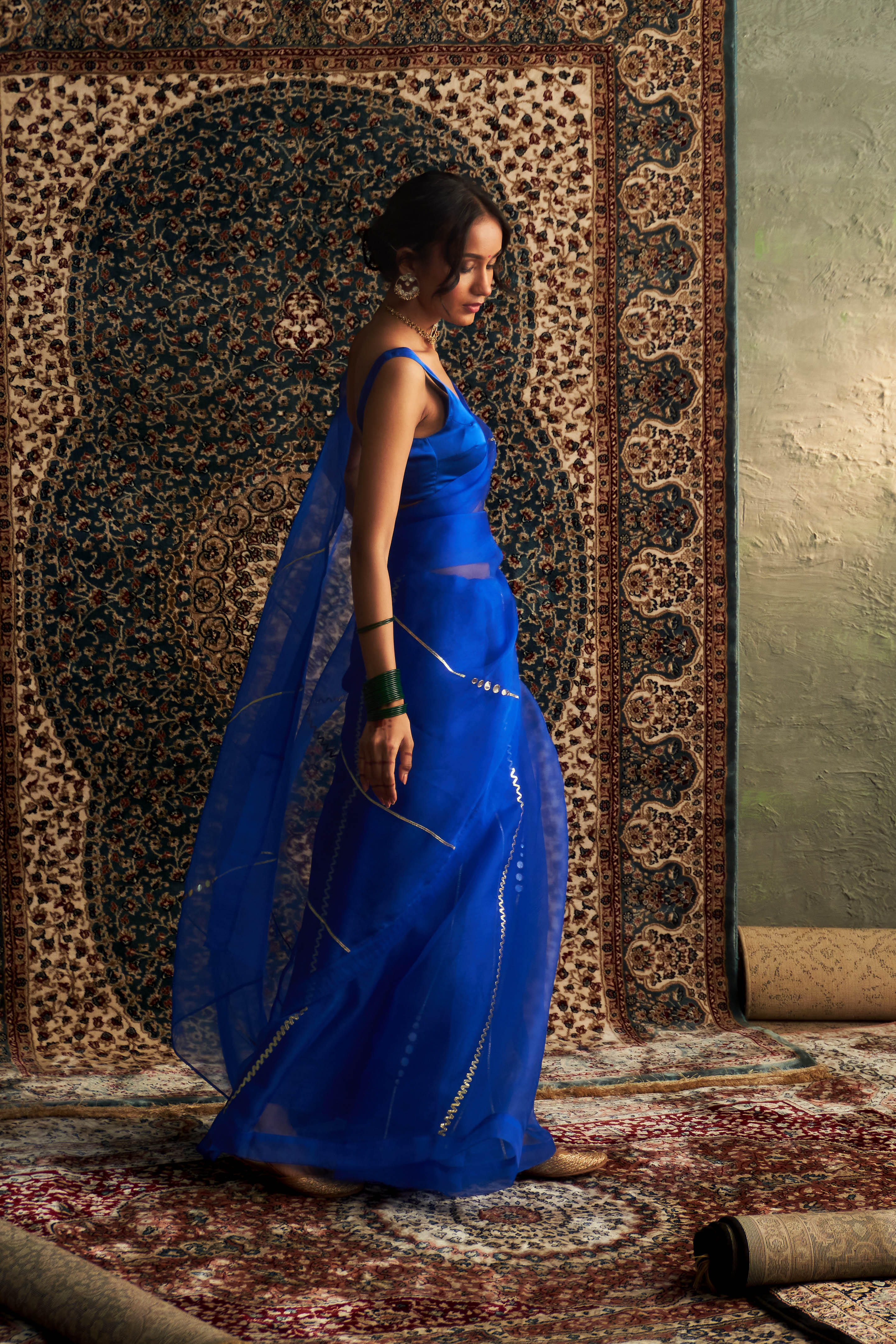 CY Charkhee Blue Embroidered Organza Saree With Sleeveless Blouse Side 1