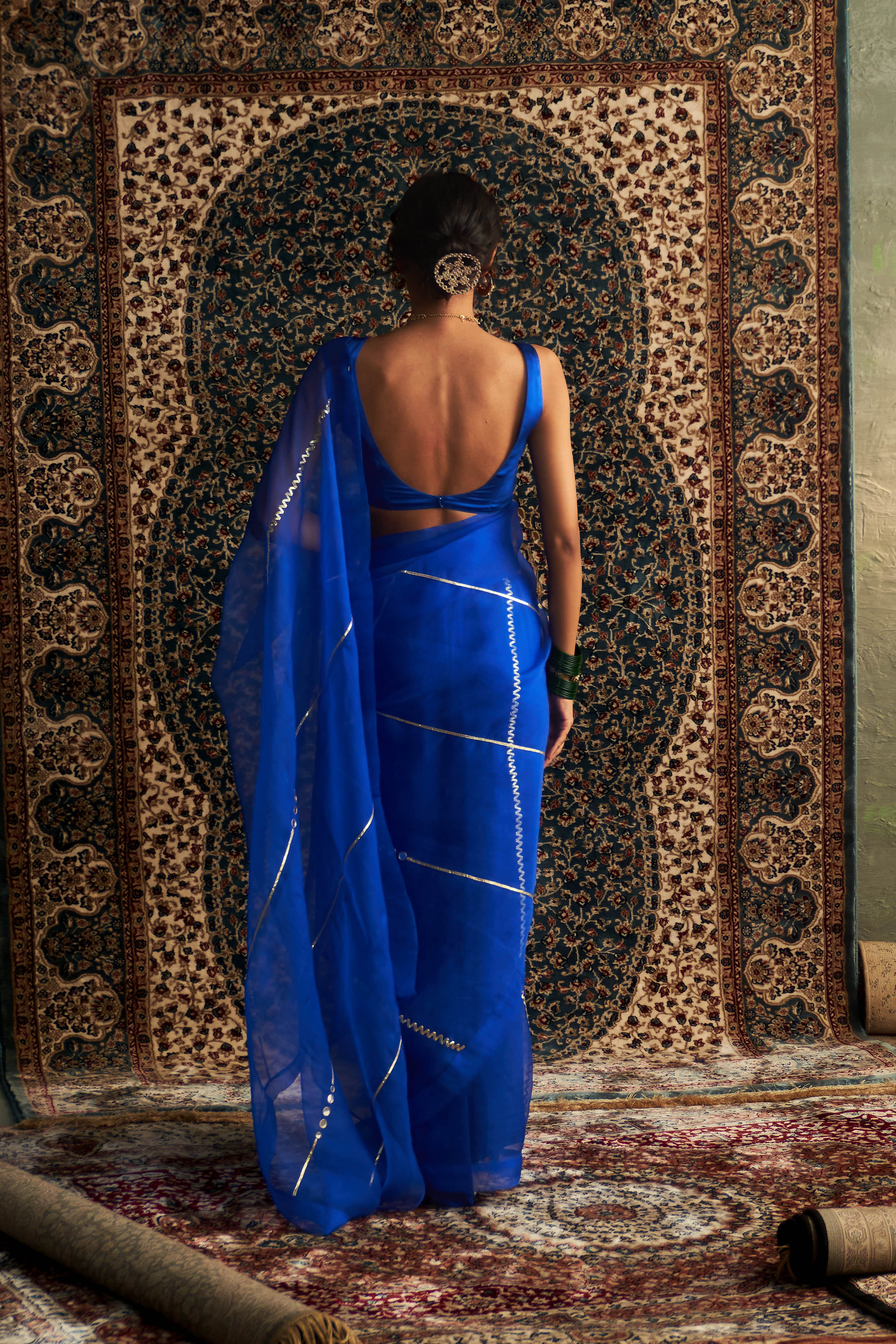 CY Charkhee Blue Embroidered Organza Saree With Sleeveless Blouse Back 1